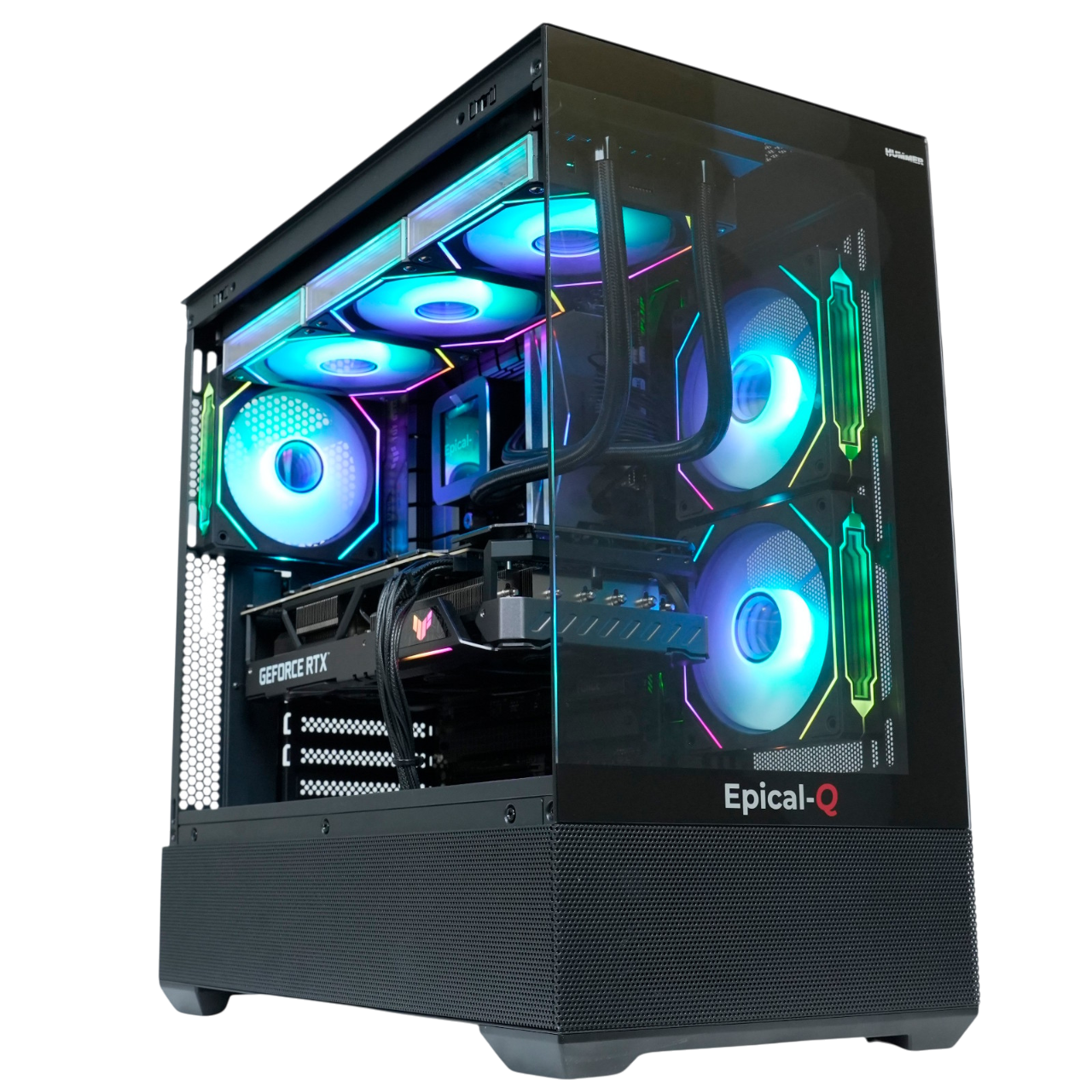 Ordenador gaming con lateral de cristal abierto. Dentro: ventiladores y tarjeta gráfica.