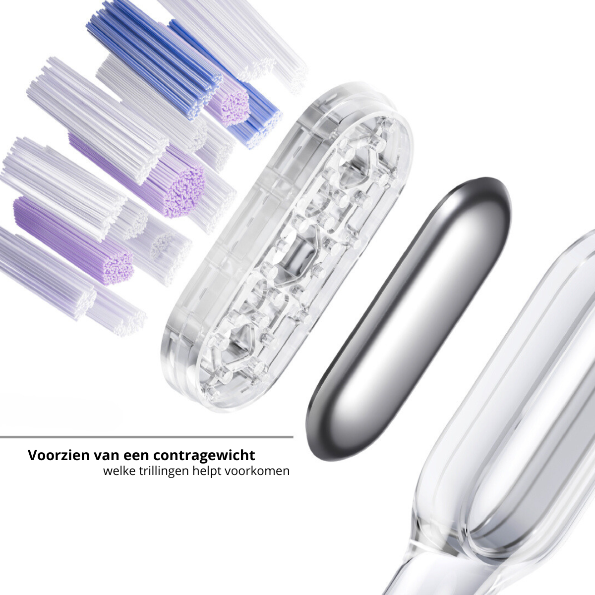 Zbliżenie głowic szczoteczki. Tekst: Zapewnia przeciwwagę, która zapobiega wibracjom.