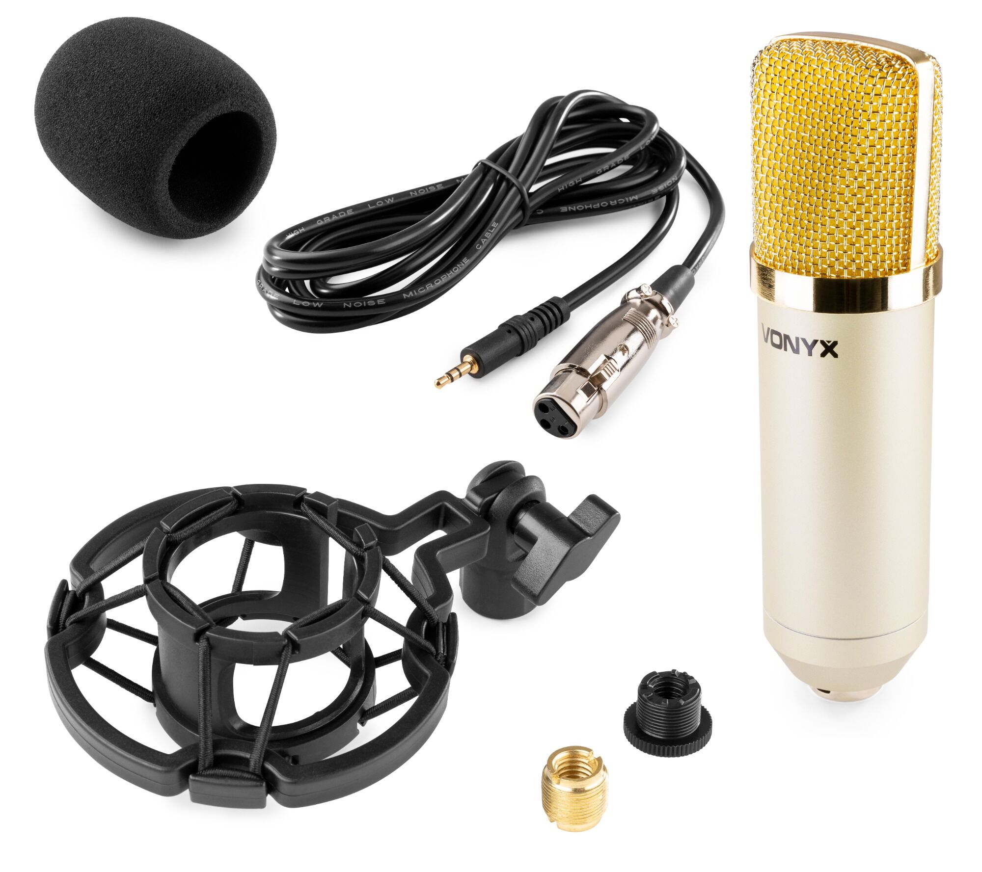 Microfoonset met een goudkleurige microfoon, standaard en accessoires.
