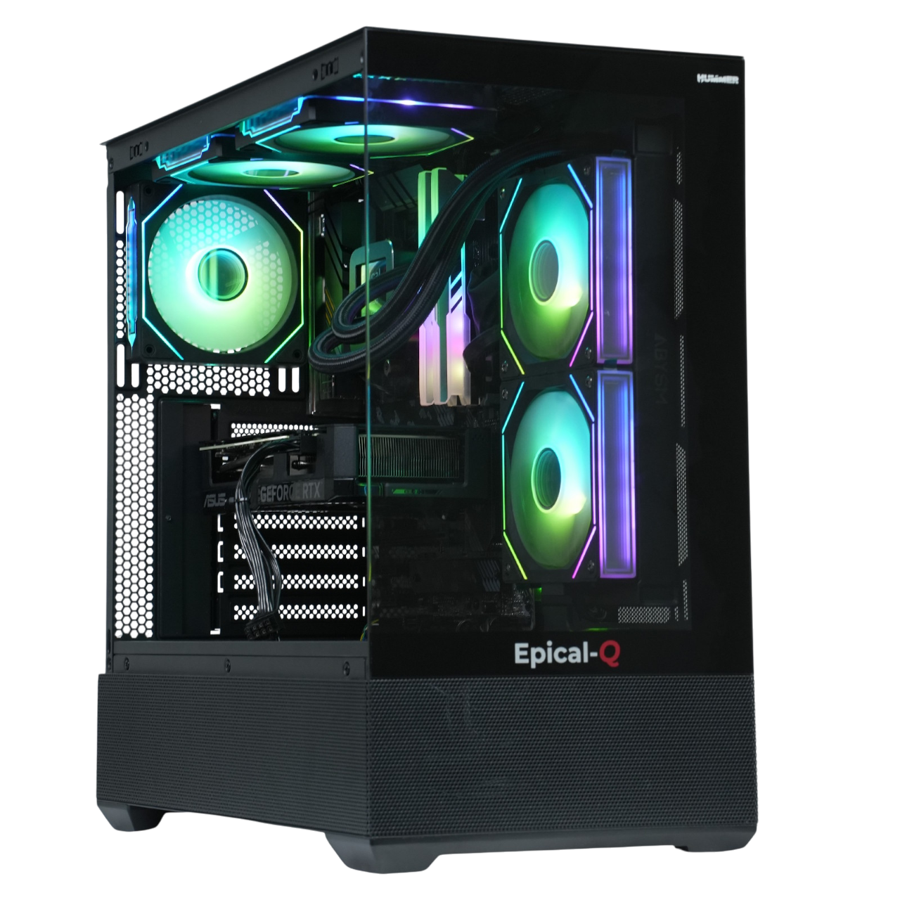 Un PC para juegos con un panel lateral de vidrio, que muestra componentes internos con luces coloridas.