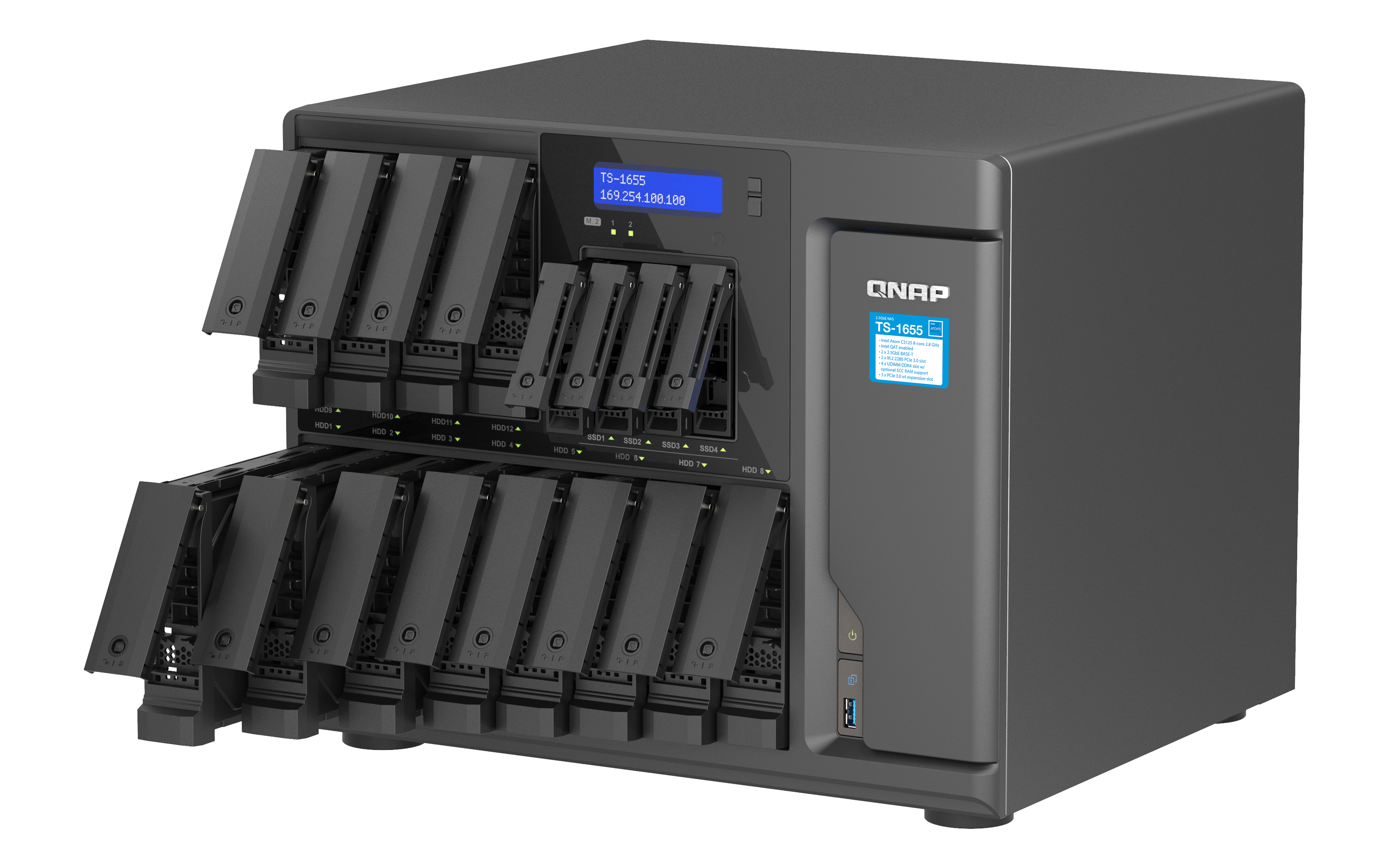 Server NAS QNAP TS-1655 grigio scuro con vani unità aperti.