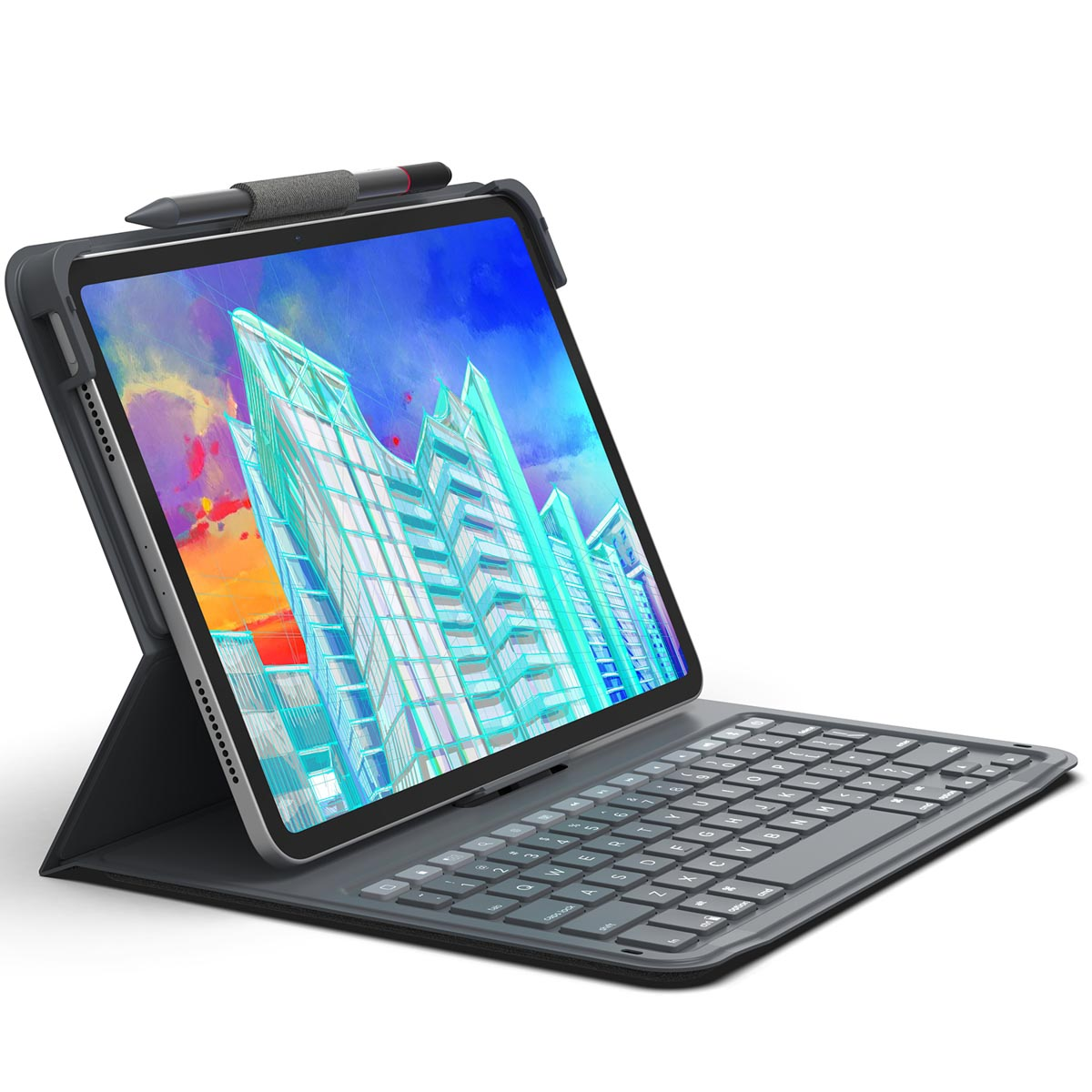 Tablet met toetsenbordhoes en een stylus. Het scherm toont een kleurrijke, moderne gebouw afbeelding.