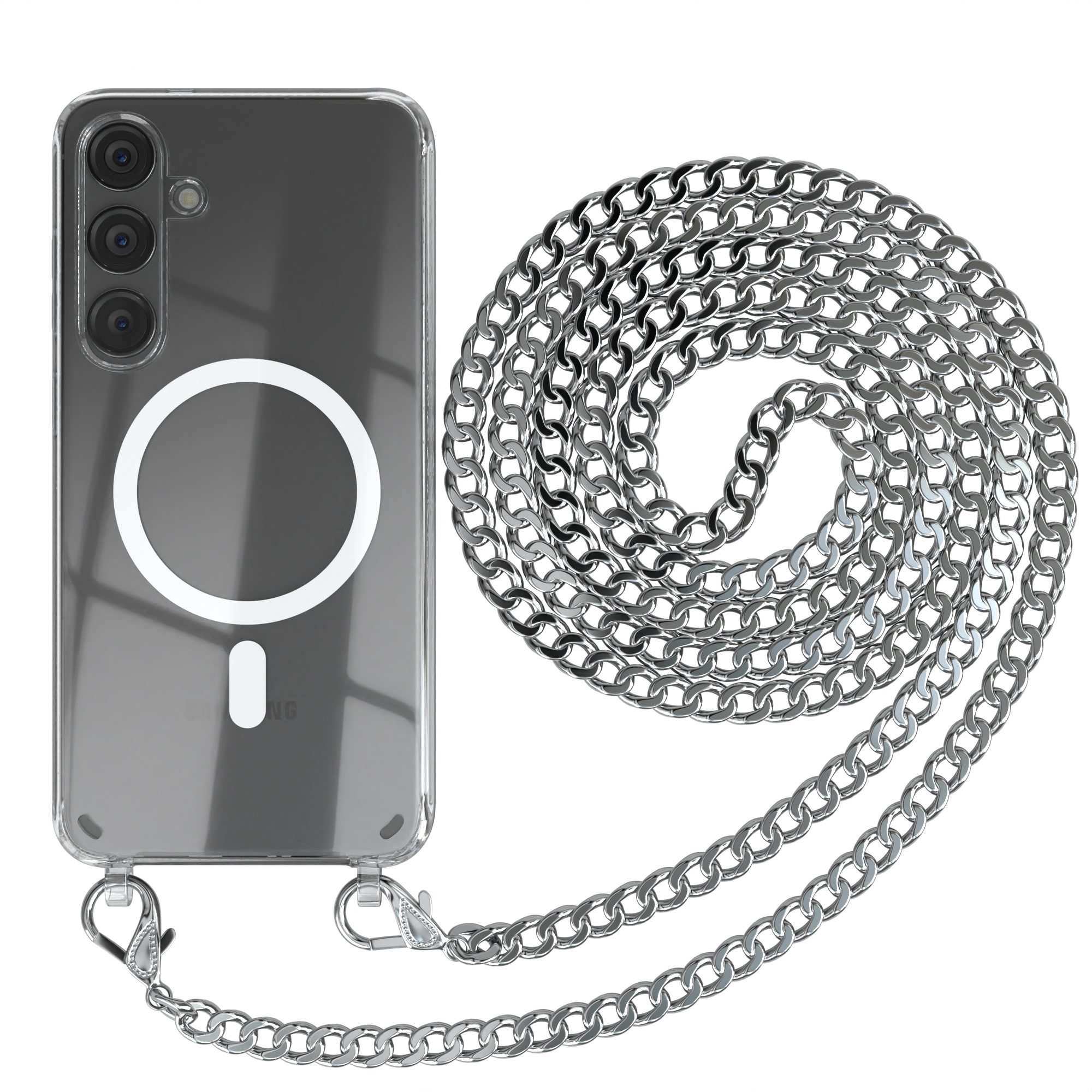 Eine transparente Handyhülle mit silberner Kette. Ein magnetischer Kreis ist sichtbar.