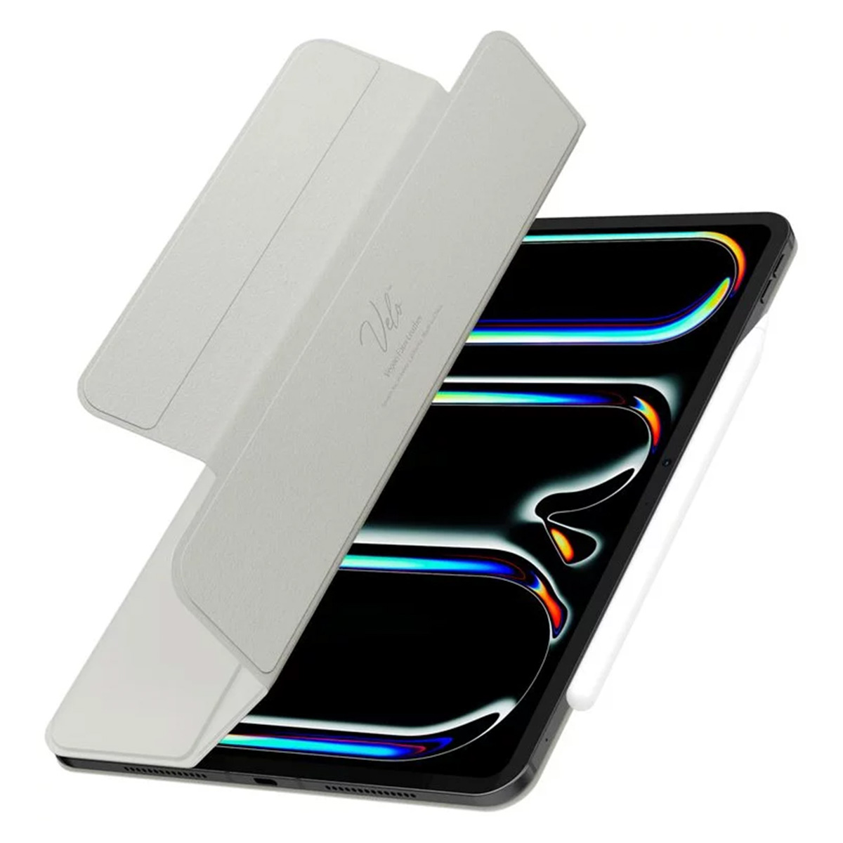 iPad with cover open, white cover, tablet on a white surface. Stylus pen is also visible.