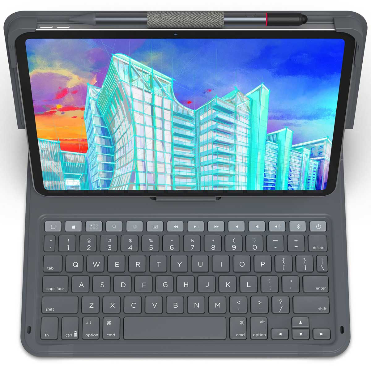 Grijze toetsenbordcase met tablet, toetsenbord en stylus.