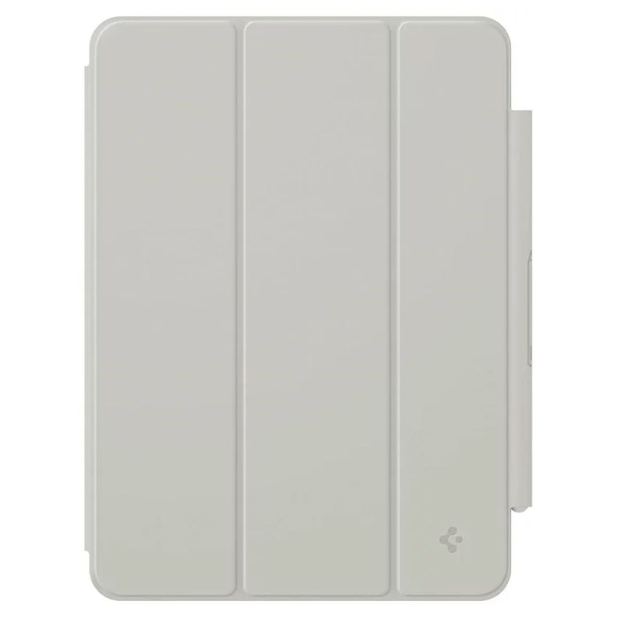 White tablet case, closed, with a pen holder on the side.