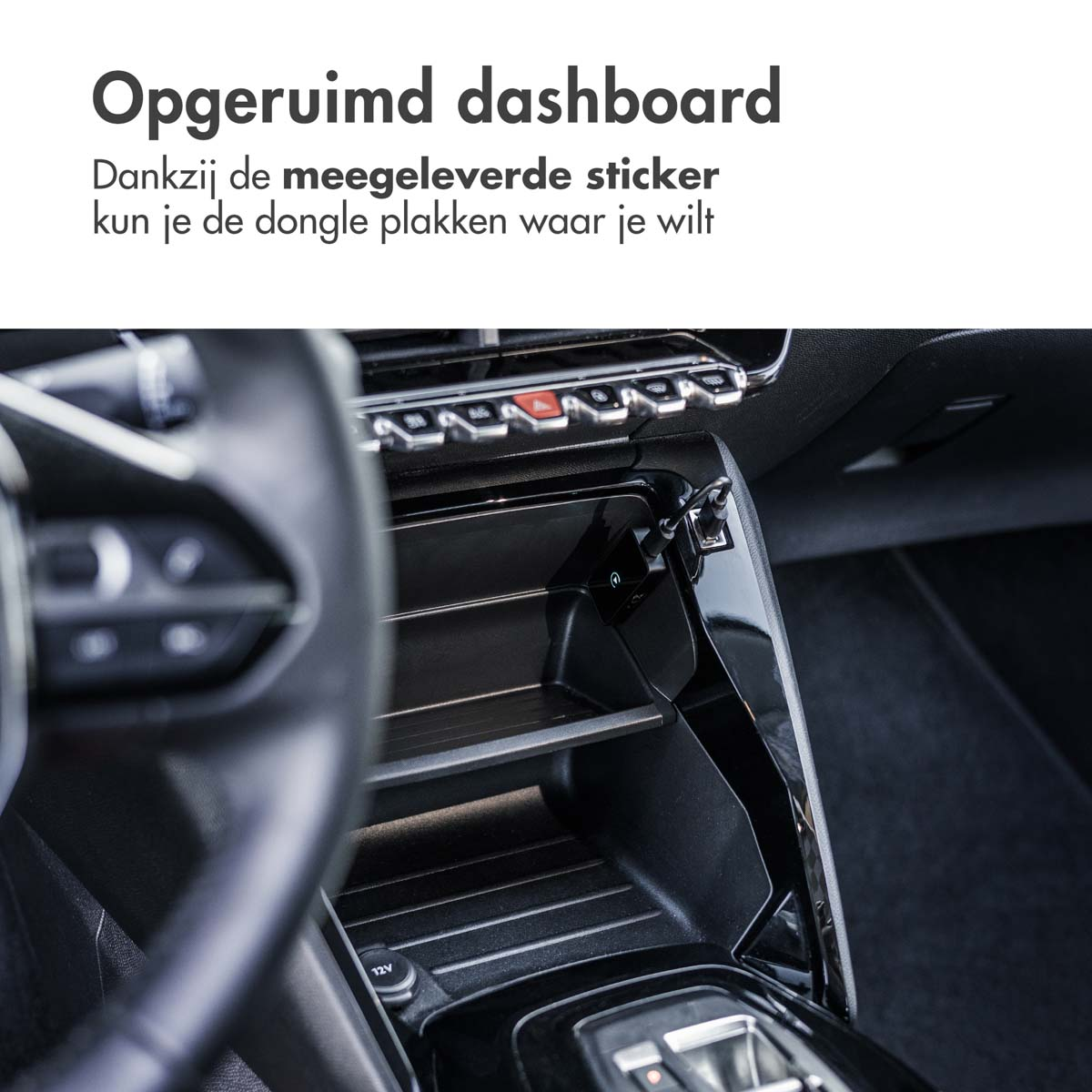 Car dashboard with a small compartment and text about organization.