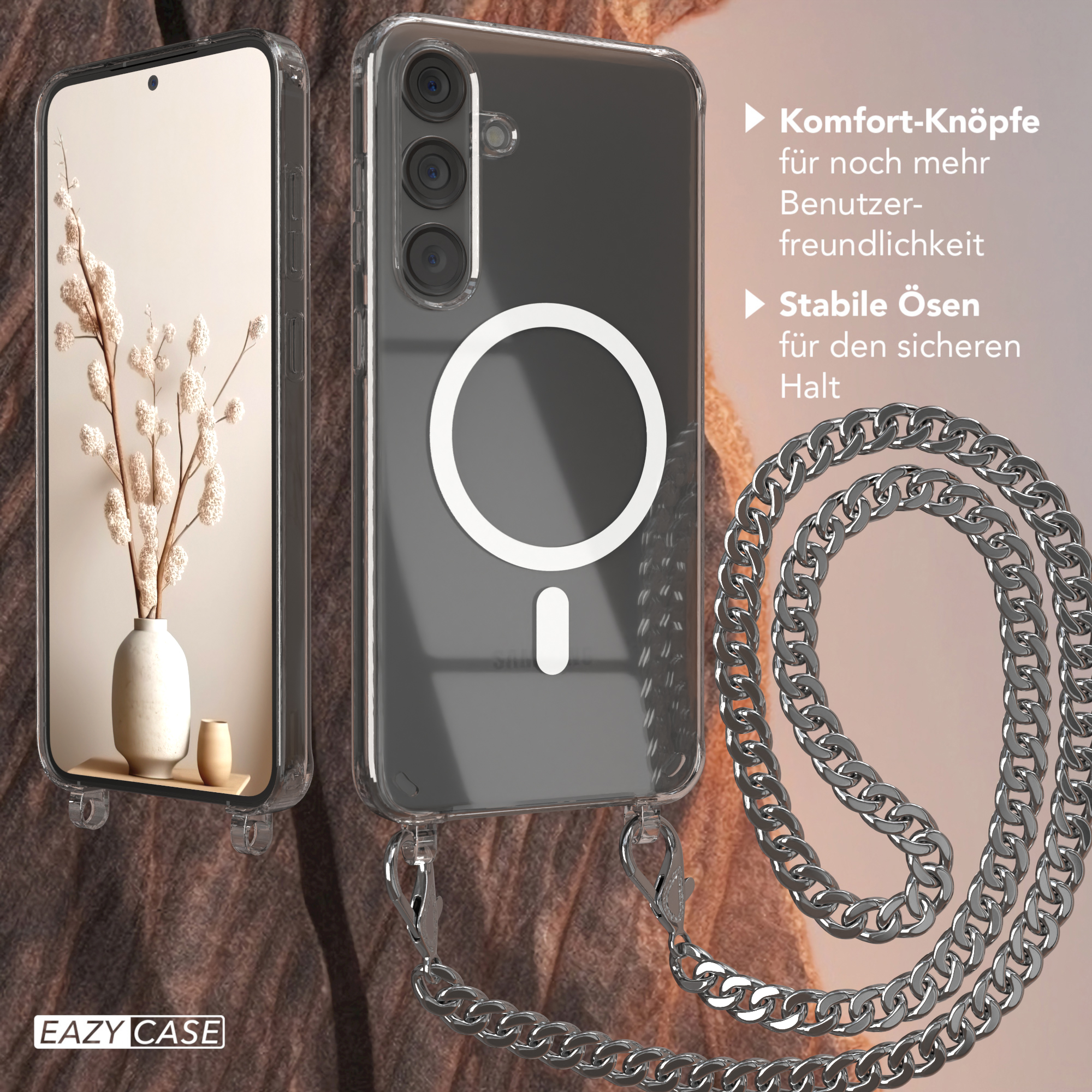 Transparente Handyhülle mit Kette. Telefon mit weißem Kreismuster. Hintergrund: braune Oberfläche.