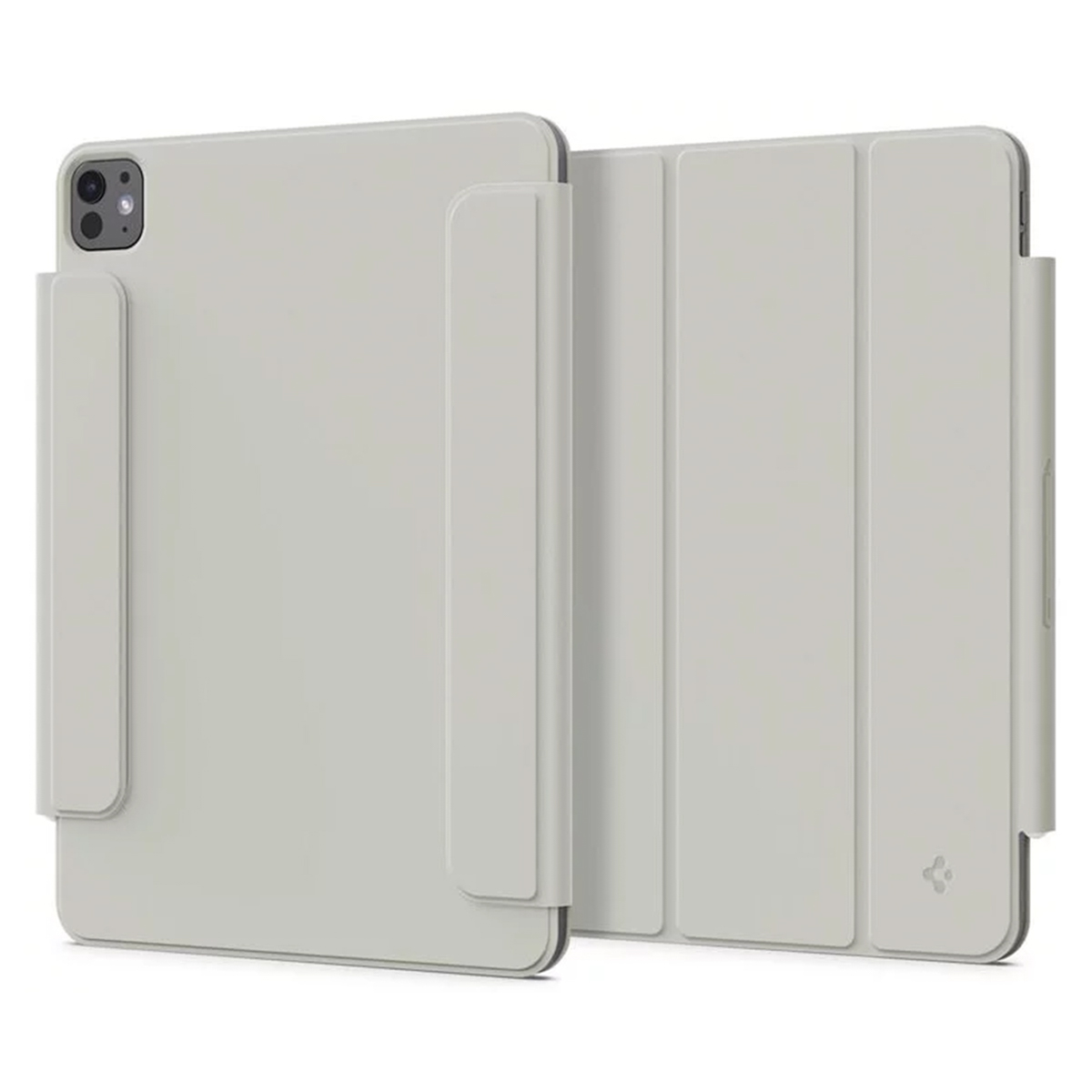 Opened light gray tablet case with a tablet and a pen holder. White background.