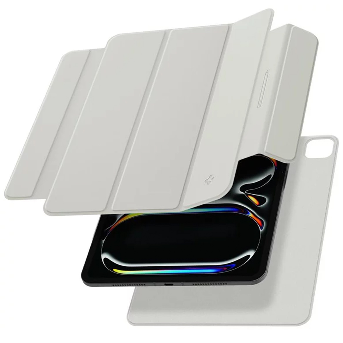 White tablet case with a tablet inside, showing the screen. Case parts are separated.