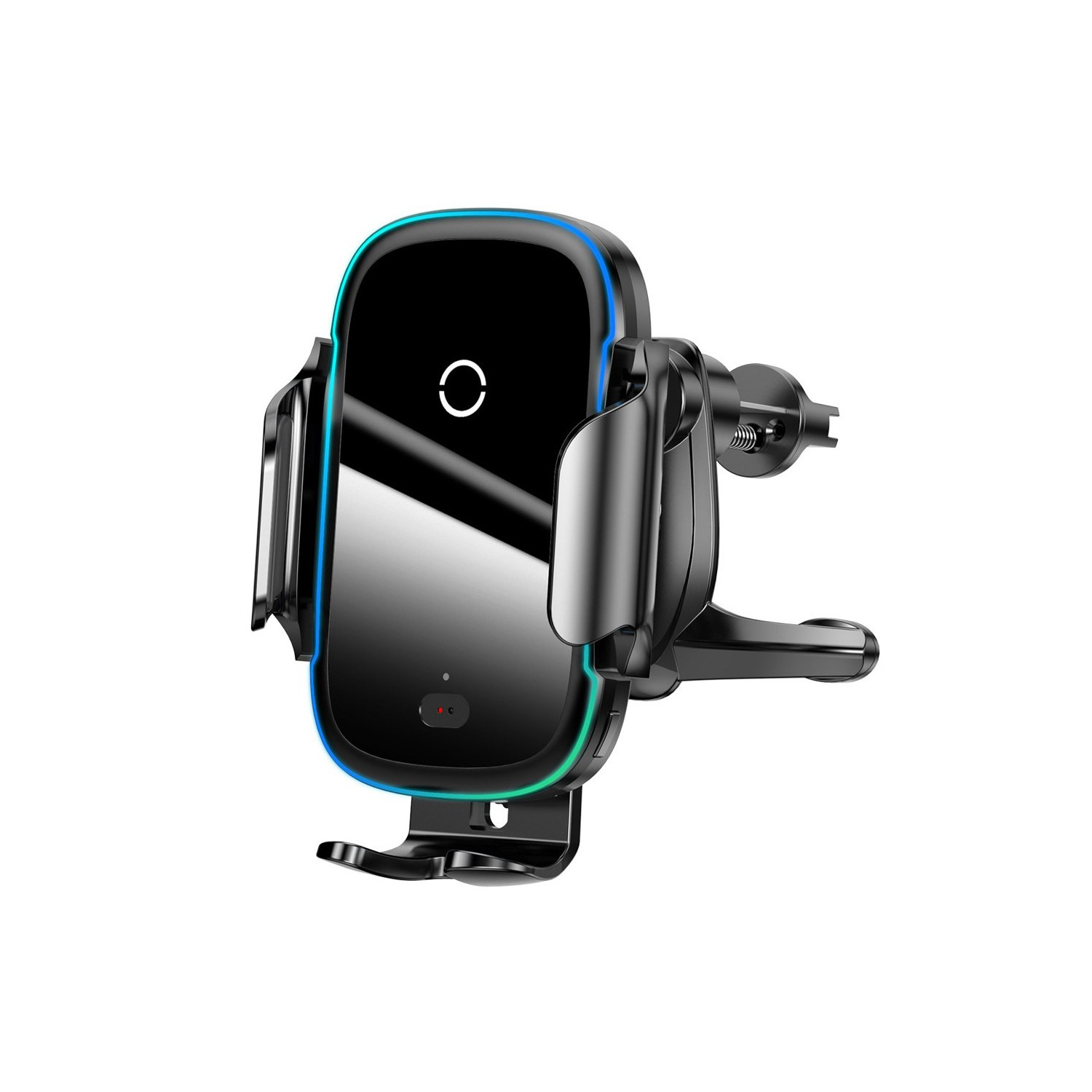 Czarna ładowarka do telefonu samochodowego z niebiesko-zielonymi akcentami. Zawiera uchwyt i mocowanie.