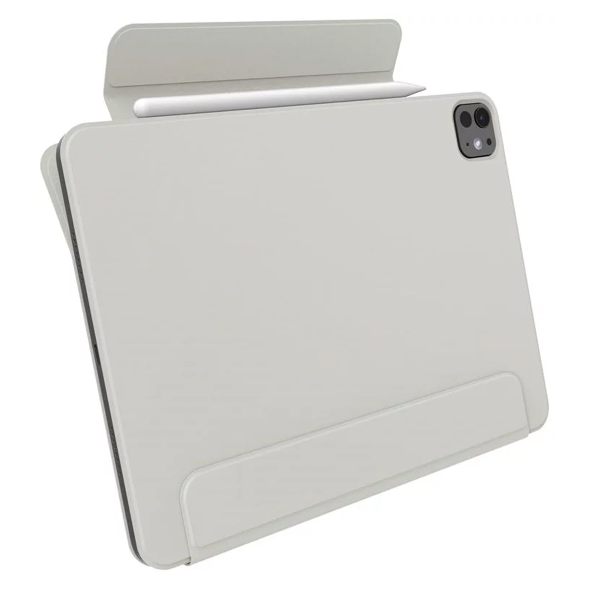 White tablet with a white case. The case is open, with a pencil on the top.