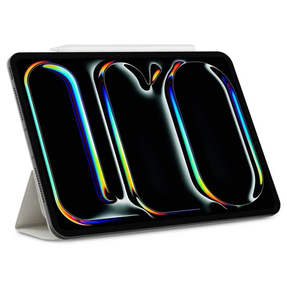 Tablet with a black screen displaying a colorful abstract design. A white stylus rests on top.