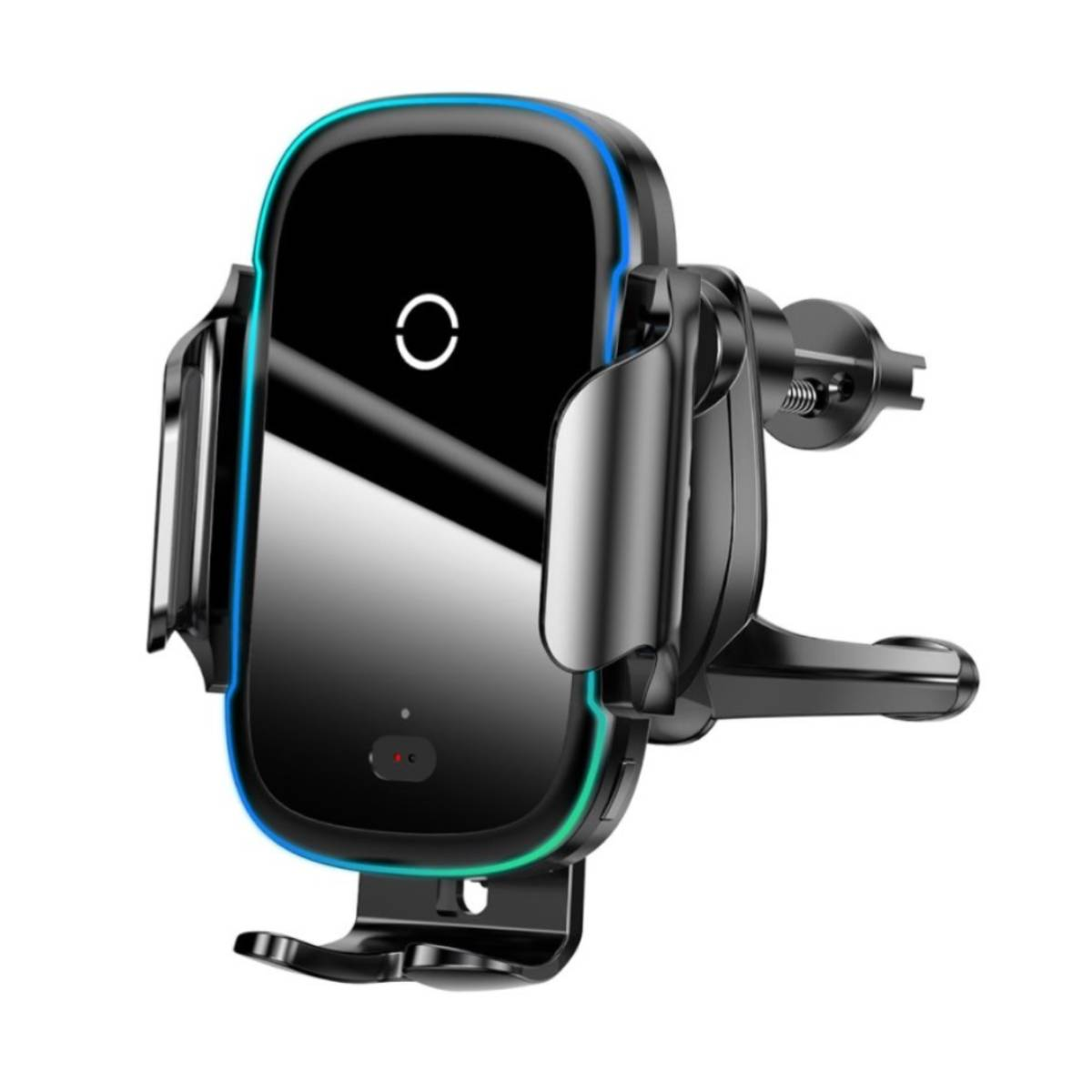 Czarny bezprzewodowy uchwyt samochodowy z niebieskim i zielonym światłem.