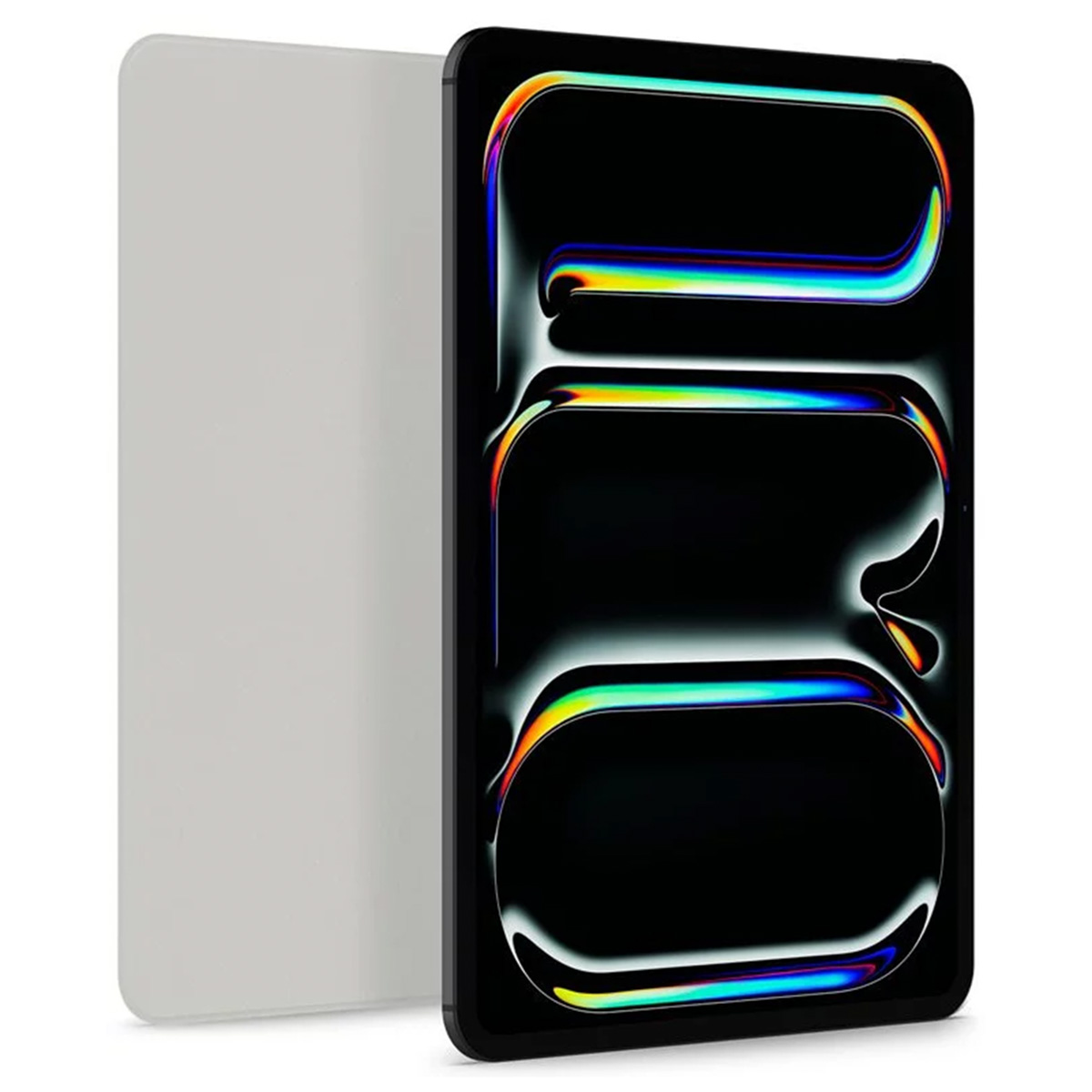 Tablet with black screen displaying a colorful abstract design. White case.