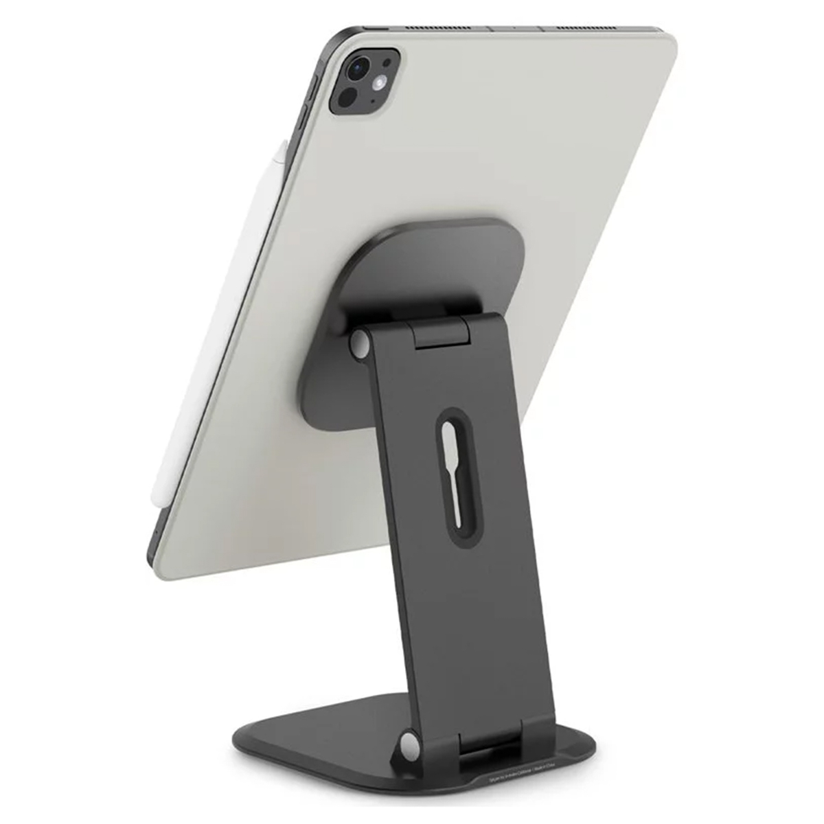 An iPad Pro on a stand, showing the back of the tablet. A pencil is attached.