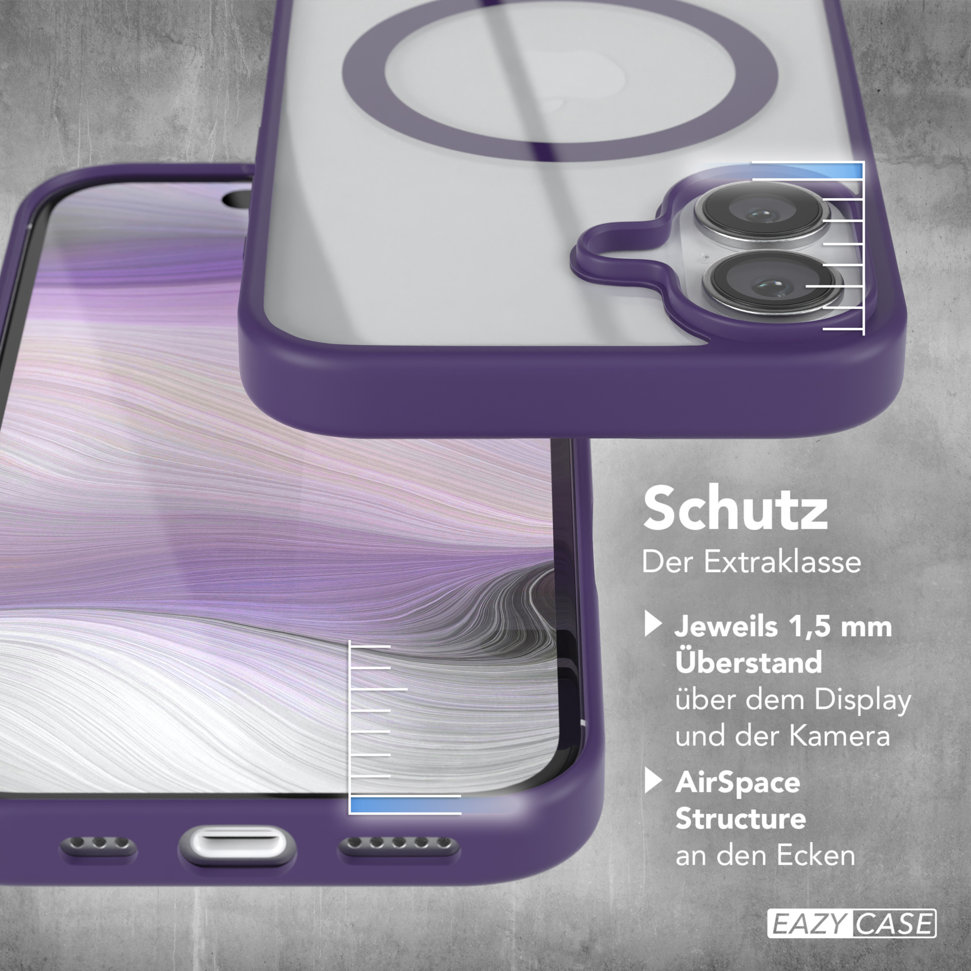 Lila Handyhülle auf schwarzem Telefon mit Aussparungen für Kamera und Bildschirm. Der Hintergrund ist verschwommen.