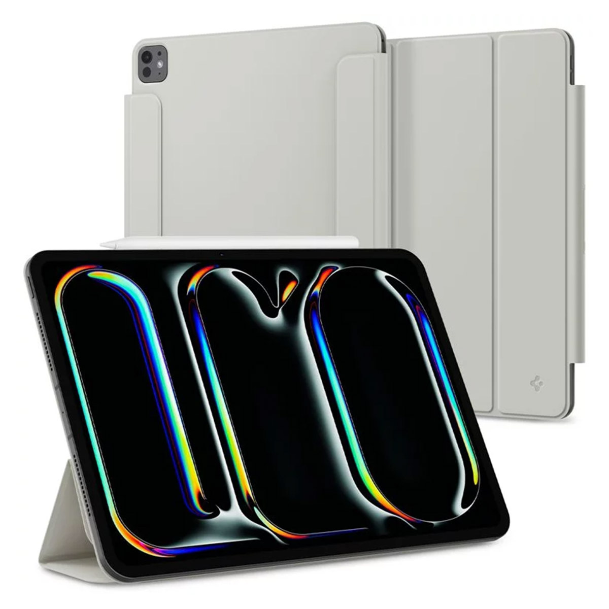Tablet met hoes. Scherm met abstract ontwerp. Stand, pen op de tablet.