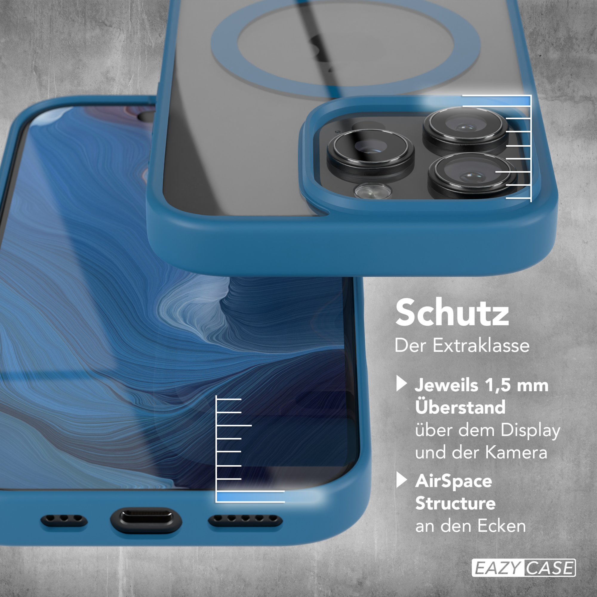 Blaue Handyhülle mit transparentem Deckel und Text, die Schutzfunktionen und ein Telefon zeigt.