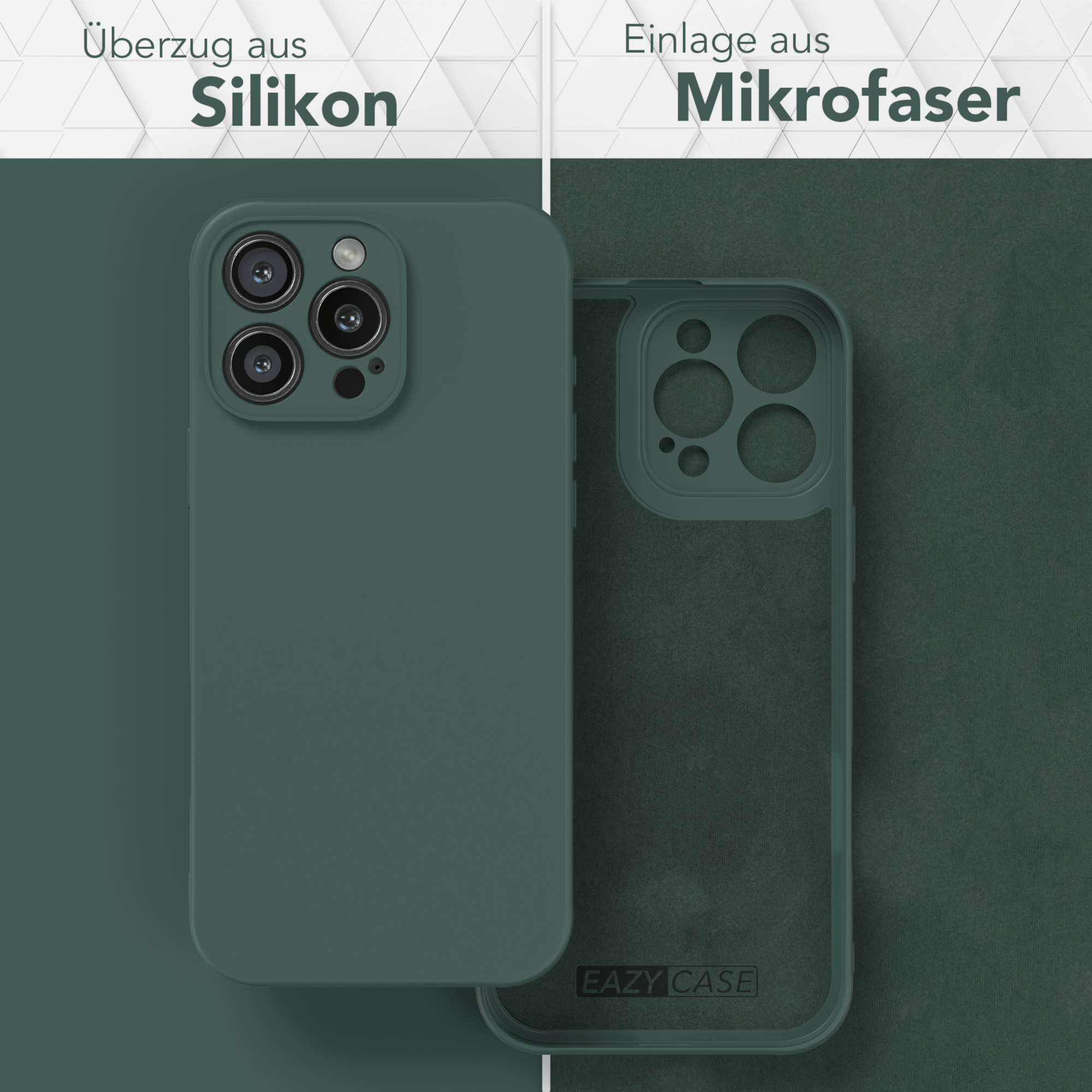 Zwei Handyhüllen. Eine grün und eine transparente, mit Text. Grün und weißer Hintergrund.