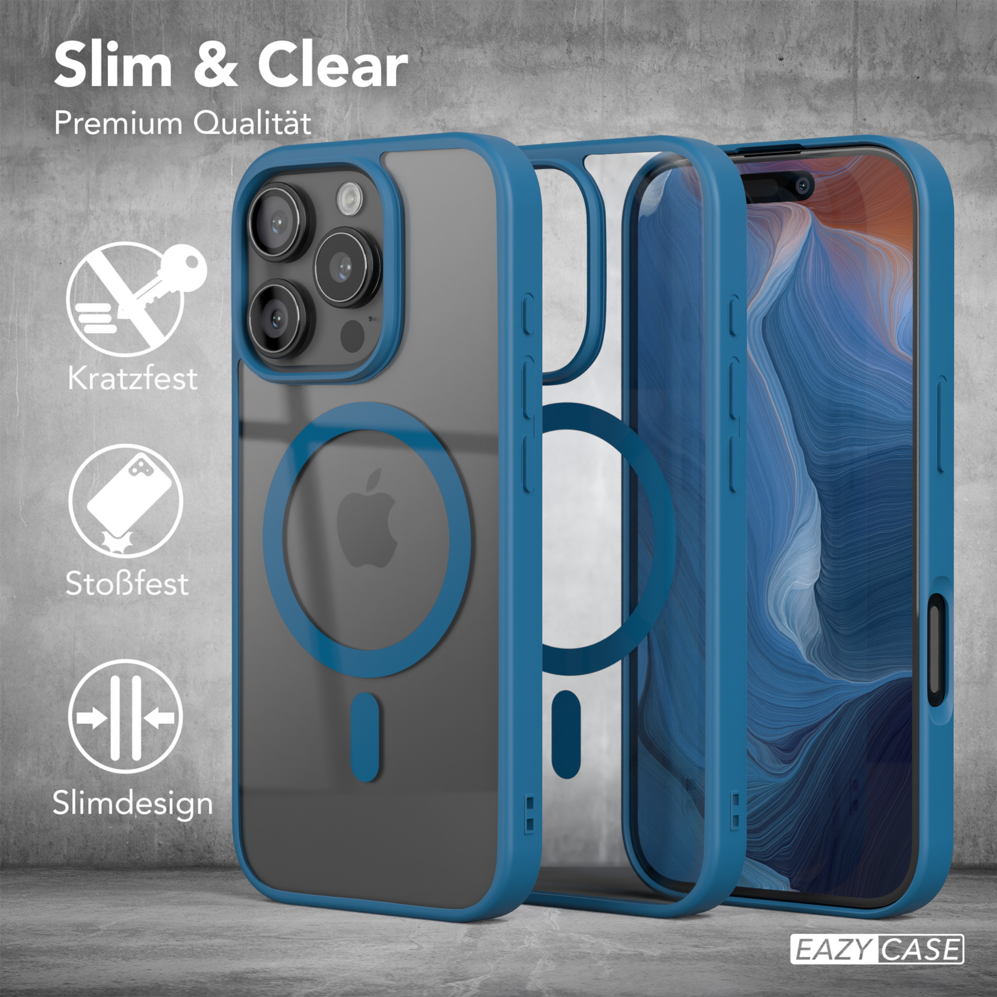Handyhülle mit Telefon darin. Blau und grau. Transparente Rückseite mit Telefon sichtbar. Weißer Hintergrund.