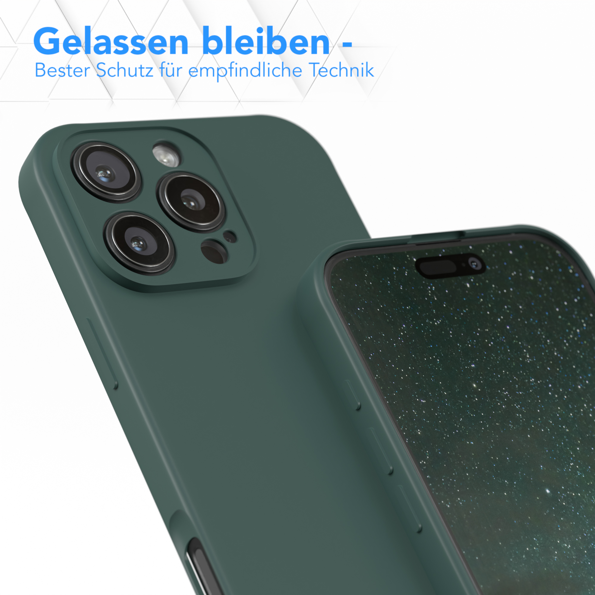 Grüne Handyhülle mit zwei Kameras, Display sichtbar. Nahaufnahme.