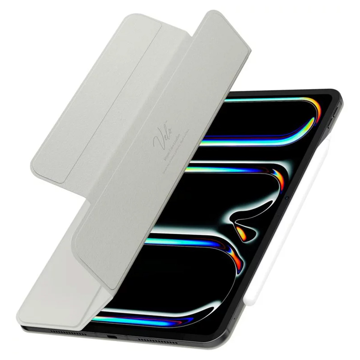Tablet met een open hoes, met een kleurrijk scherm.