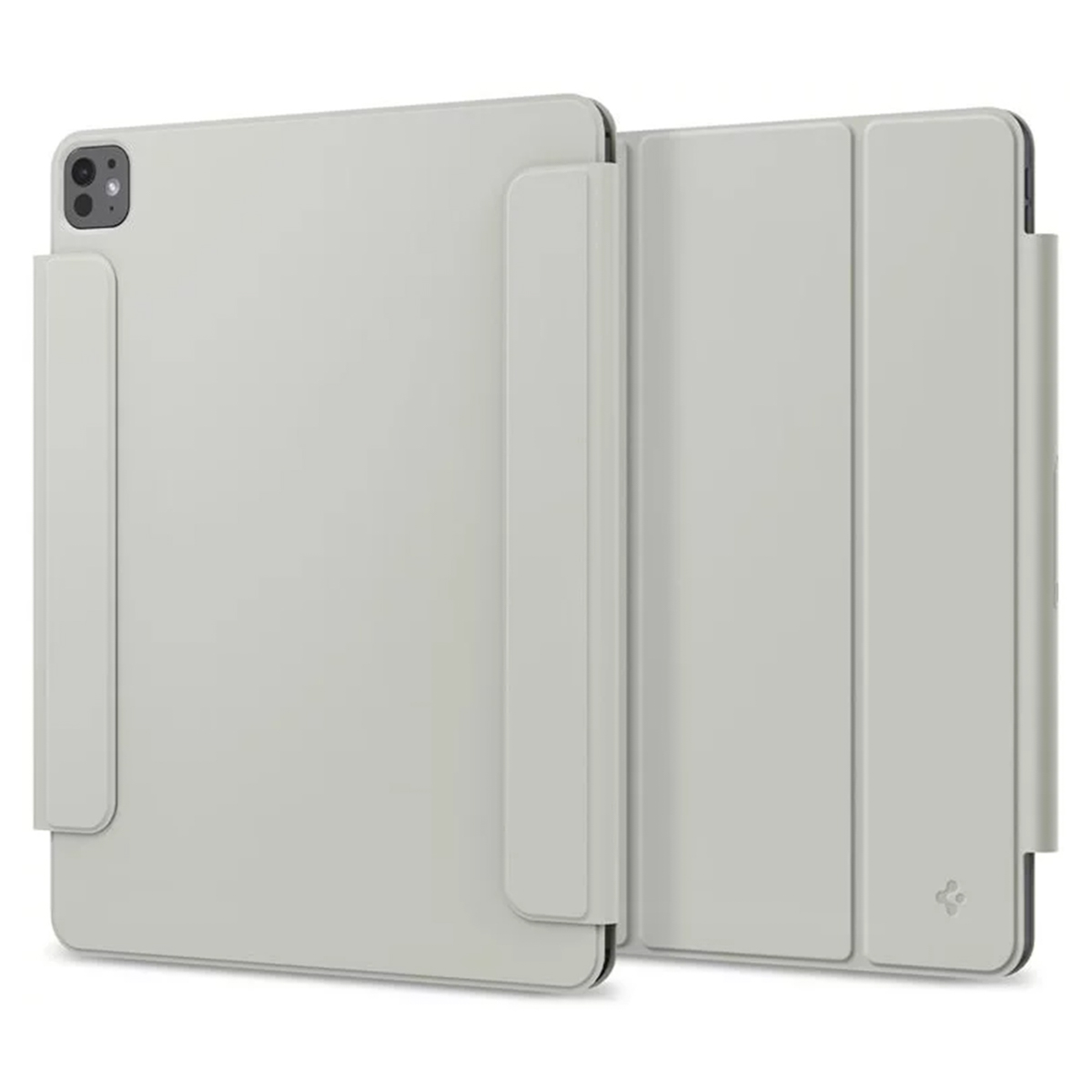 Lichtgrijze iPad-hoes, open. Twee delen, beschermhoes met standaard.