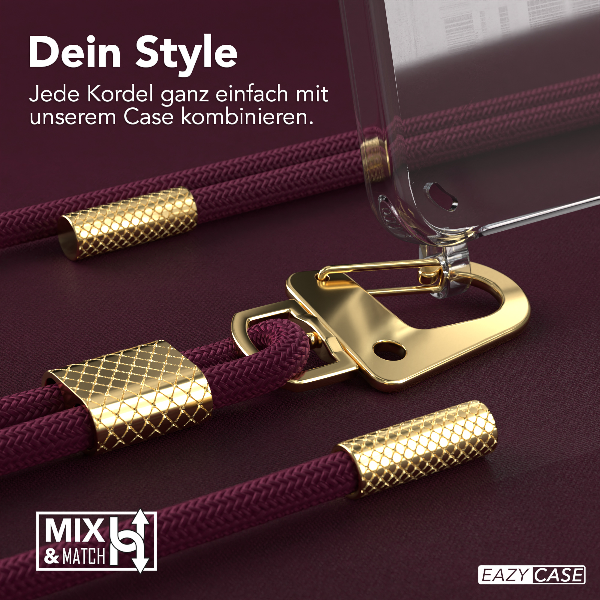 Eine Handyhülle mit pinkfarbenem Gurt und goldenen Akzenten. Die Hülle ist dunkelrot.
