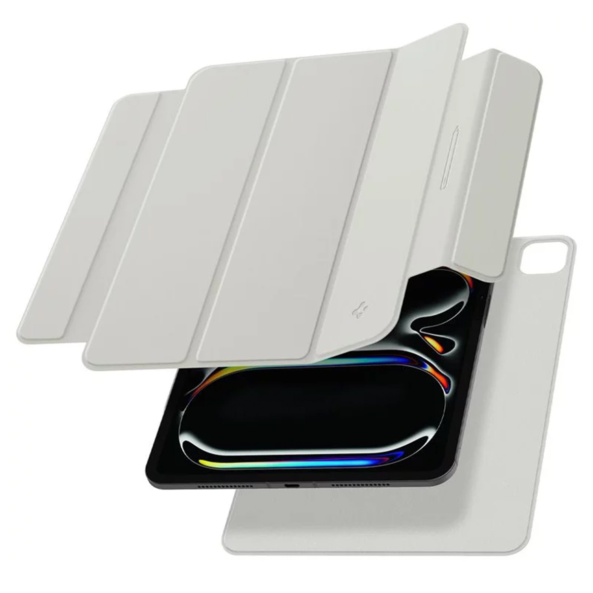 Tablet met een witte hoes. De hoes wordt in stukken getoond, tabletscherm is zichtbaar.