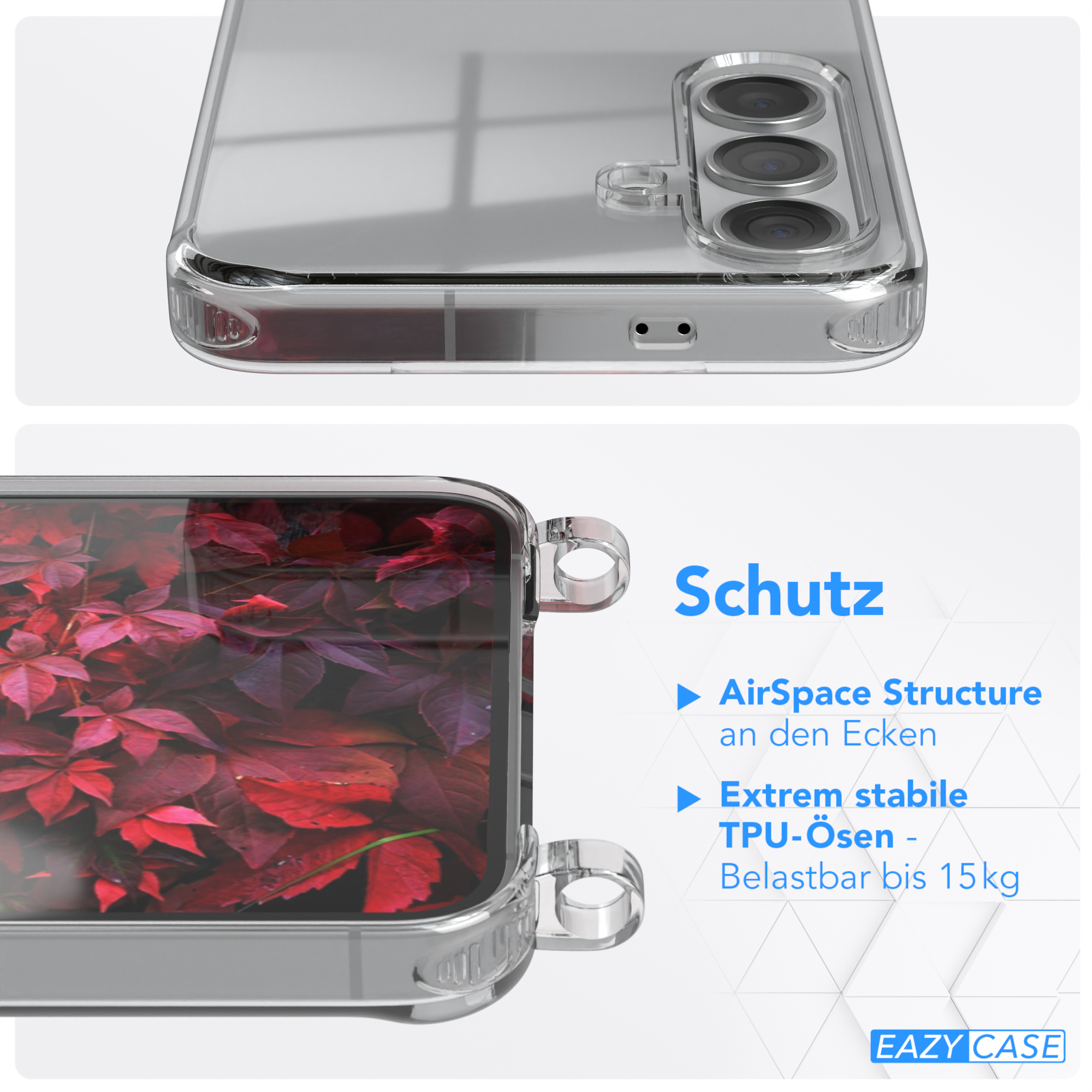 Eine transparente Handyhülle. Die Hülle umschließt ein Telefon mit Blättern. Schutzdetails werden angezeigt.