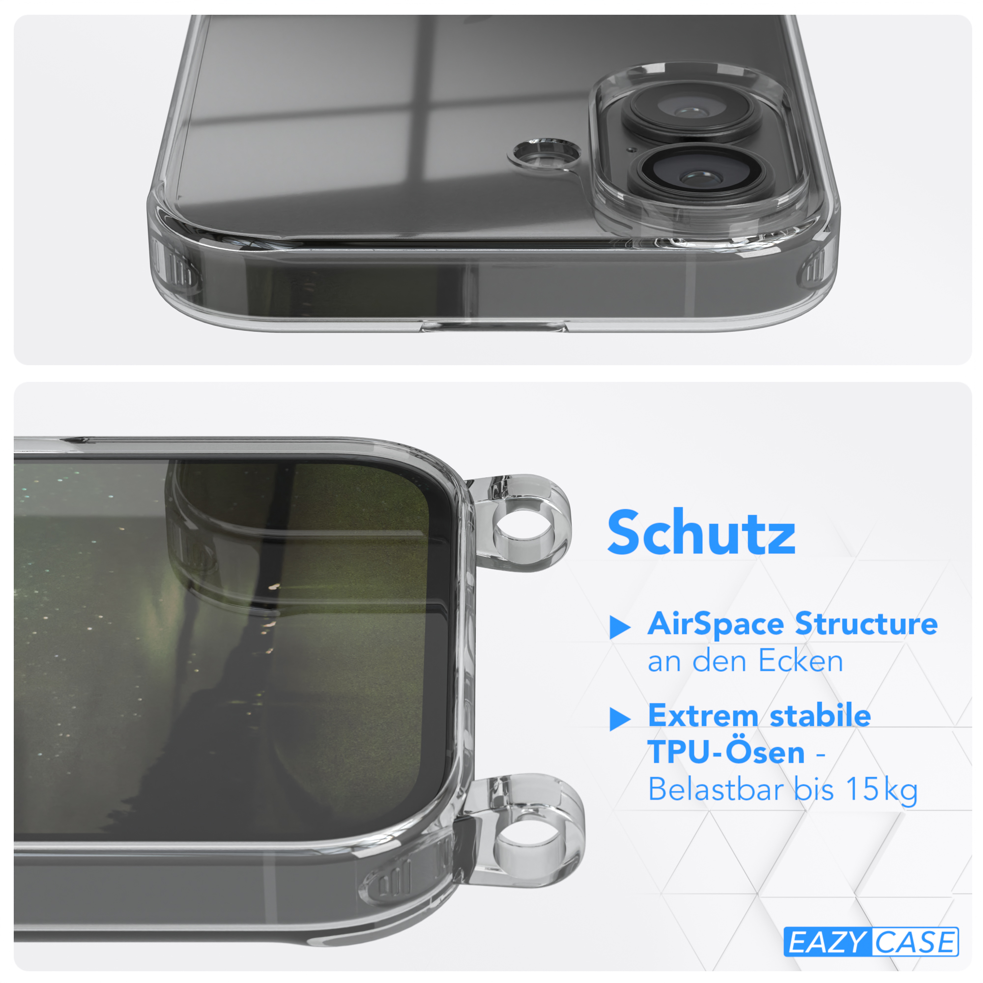 Transparente Handyhülle, die das Telefon zeigt. Text: AirSpace-Struktur an den Ecken. Starkes TPU, belastbar bis 15 kg.