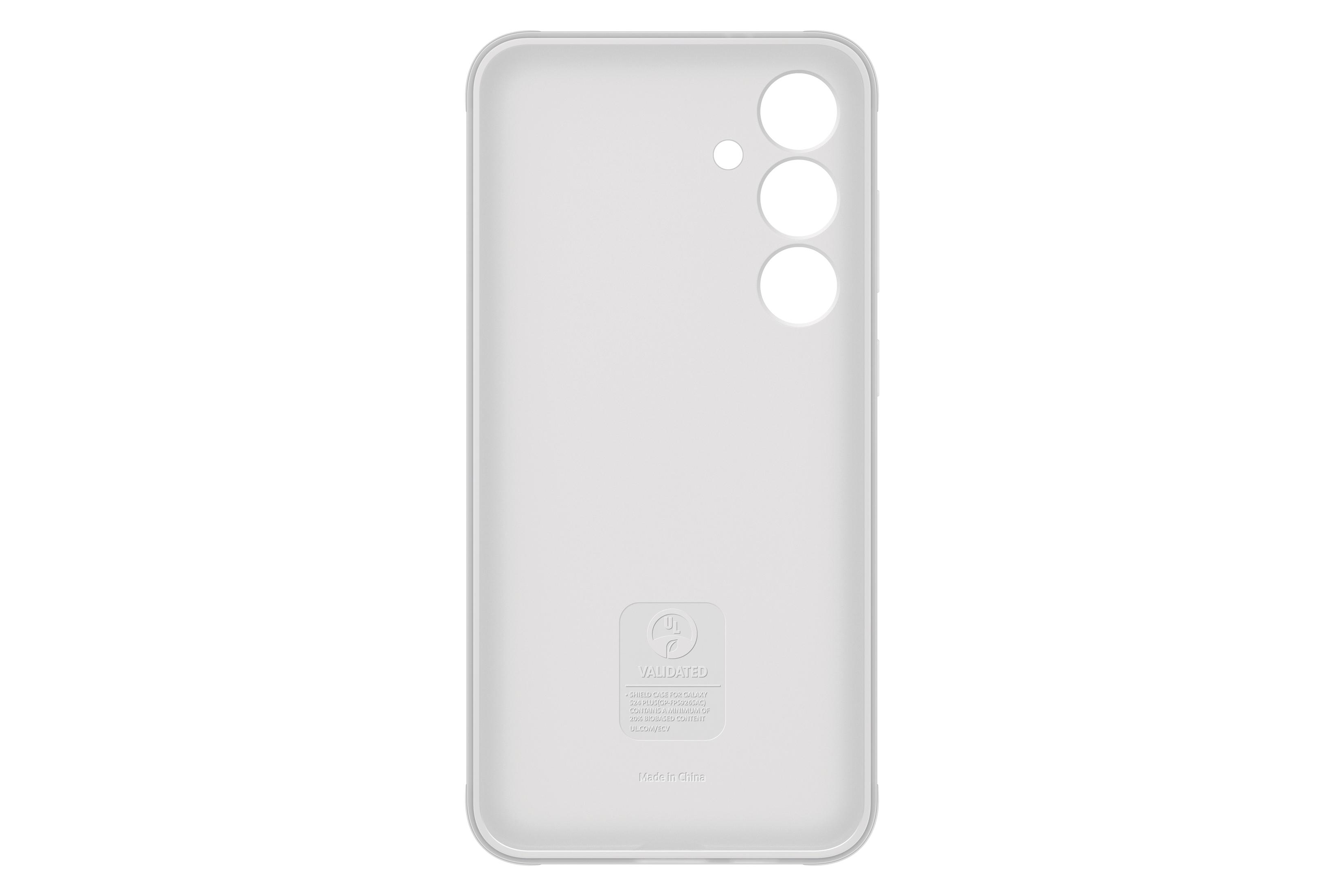Una funda blanca para teléfono con tres recortes de cámara y un logotipo de marca sobre fondo blanco.