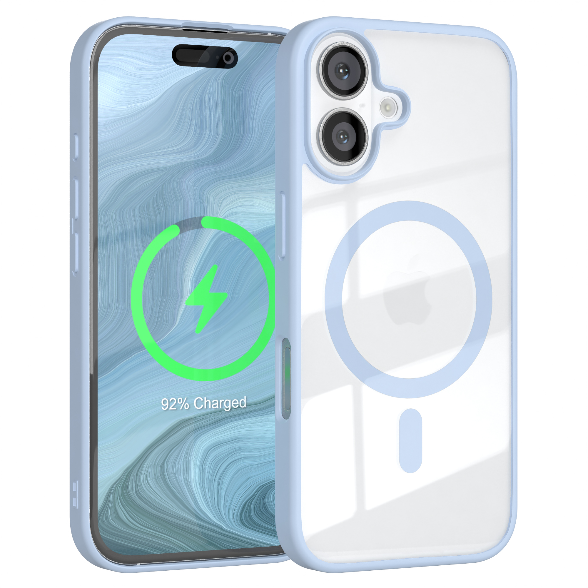 Blaues Telefon mit Hülle, zeigt Ladesymbol und Prozentsatz.