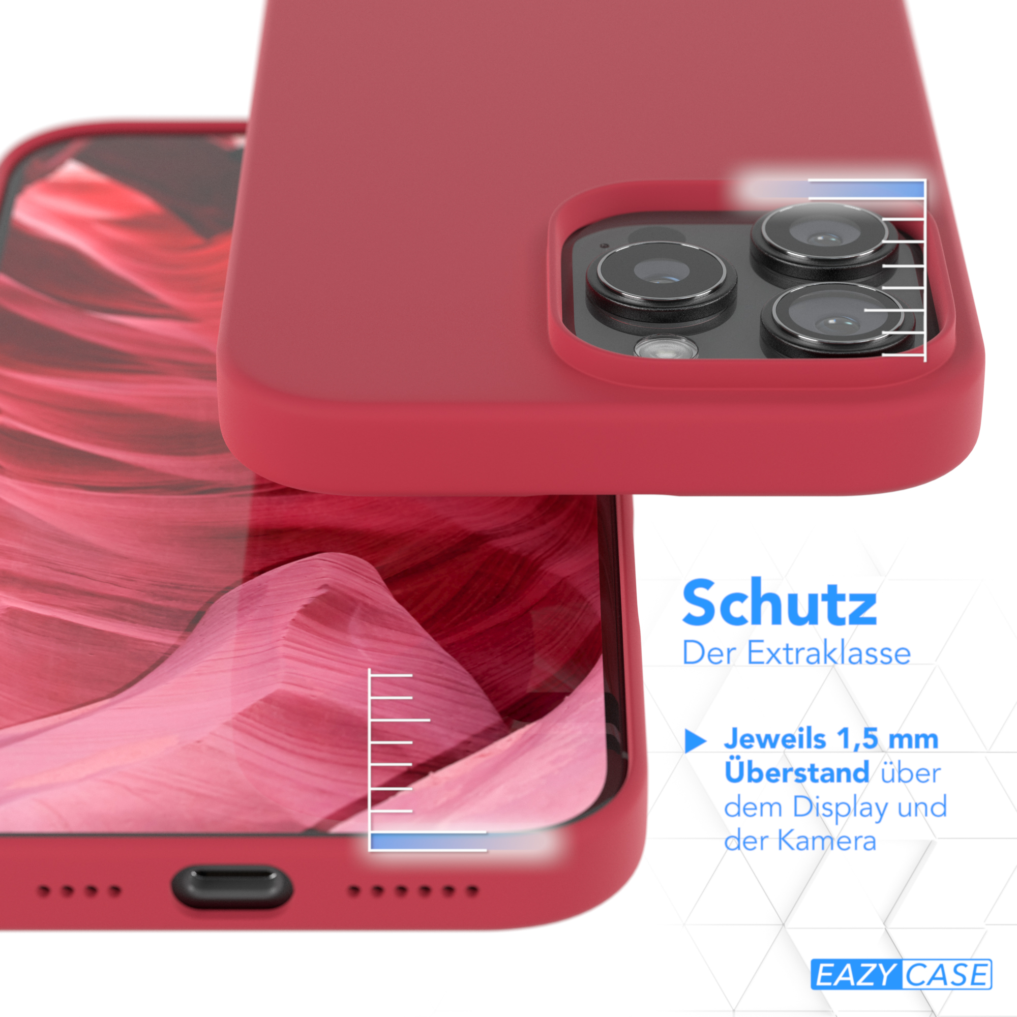 Rote Handyhülle mit einem Telefon darin, mit Text, der zeigt, dass es das Telefon schützt.