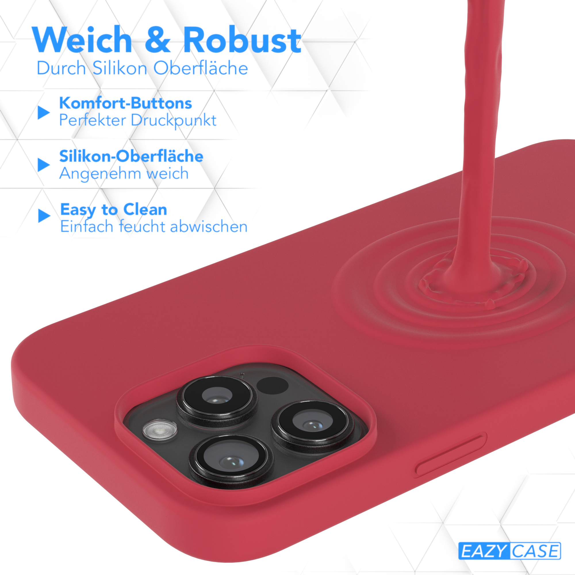 Rote Handyhülle mit geschwungenem Design. Produkt ist rot. Text: Weiche und robuste Silikonoberfläche.