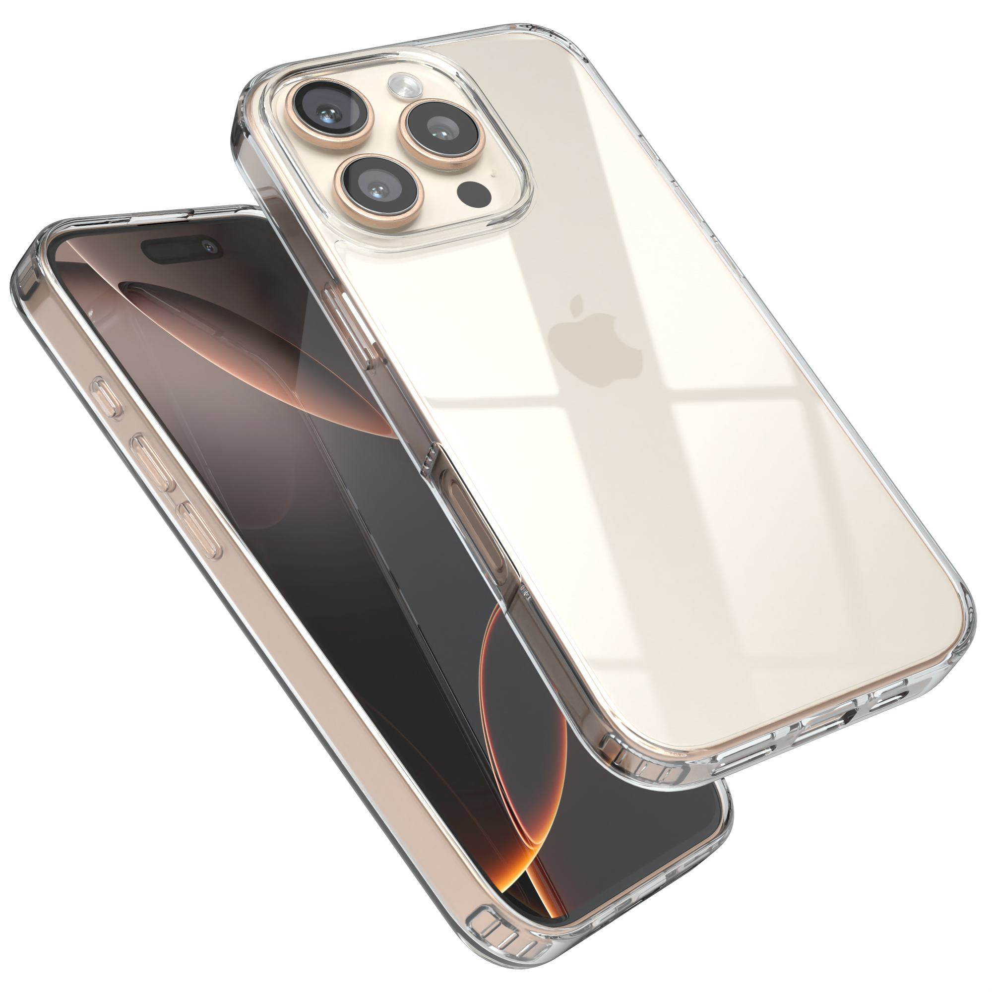 Telefon in klarer Hülle, zeigt Bildschirm und Kamera, goldfarbene Hülle.