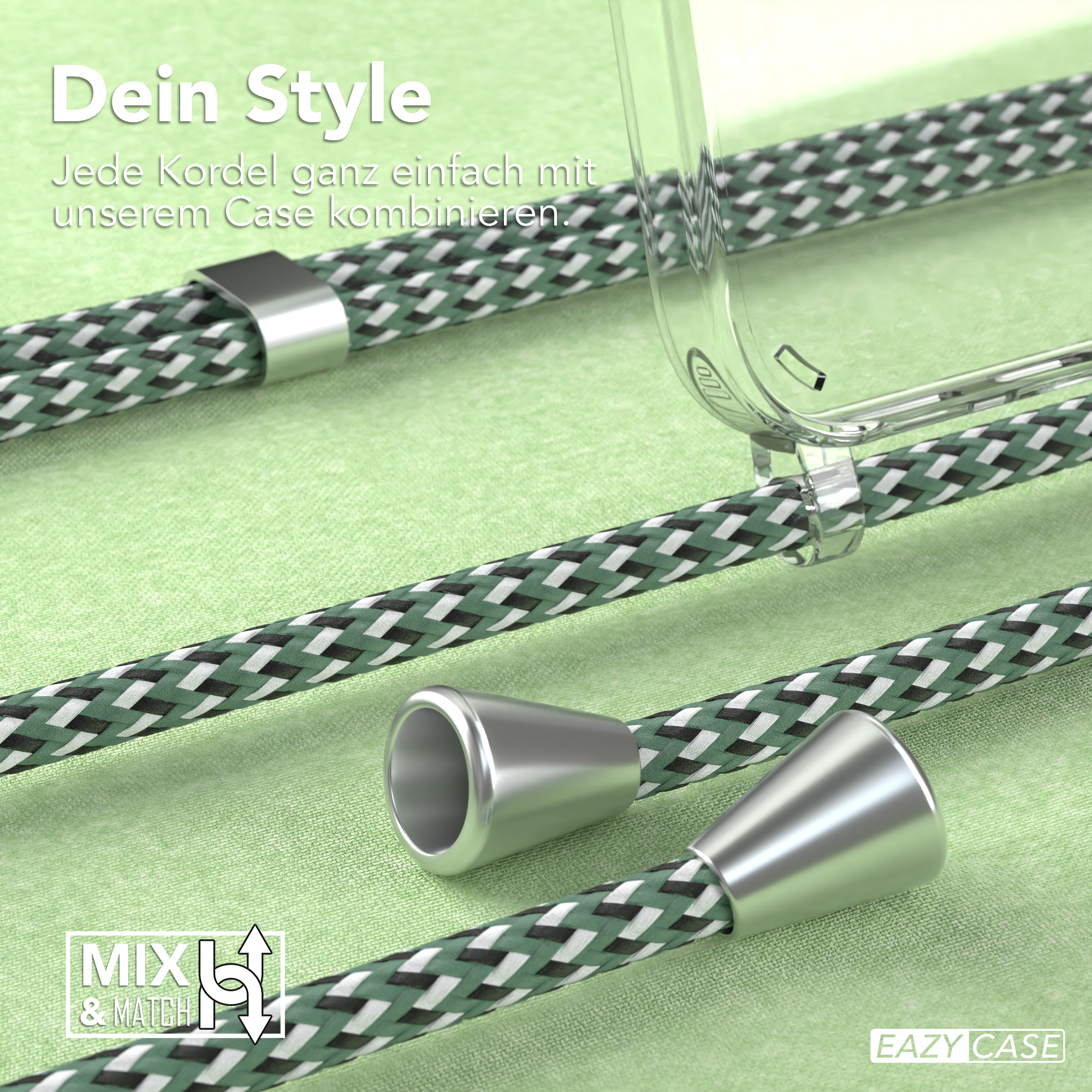 Eine Handyhülle und ein Kabel mit grün-weißen Details.