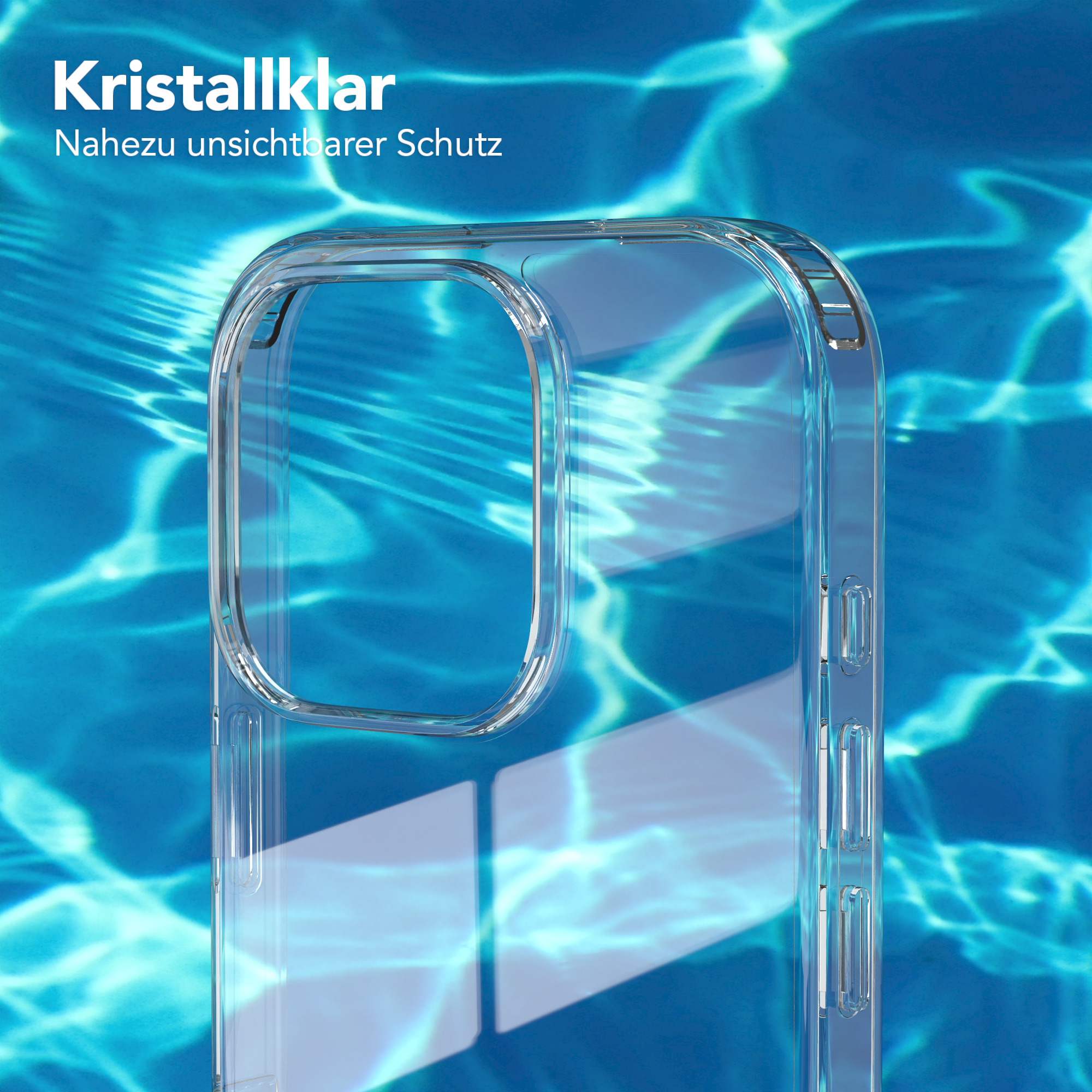 Transparente Handyhülle auf blauem Wasserhintergrund. Nahaufnahme.