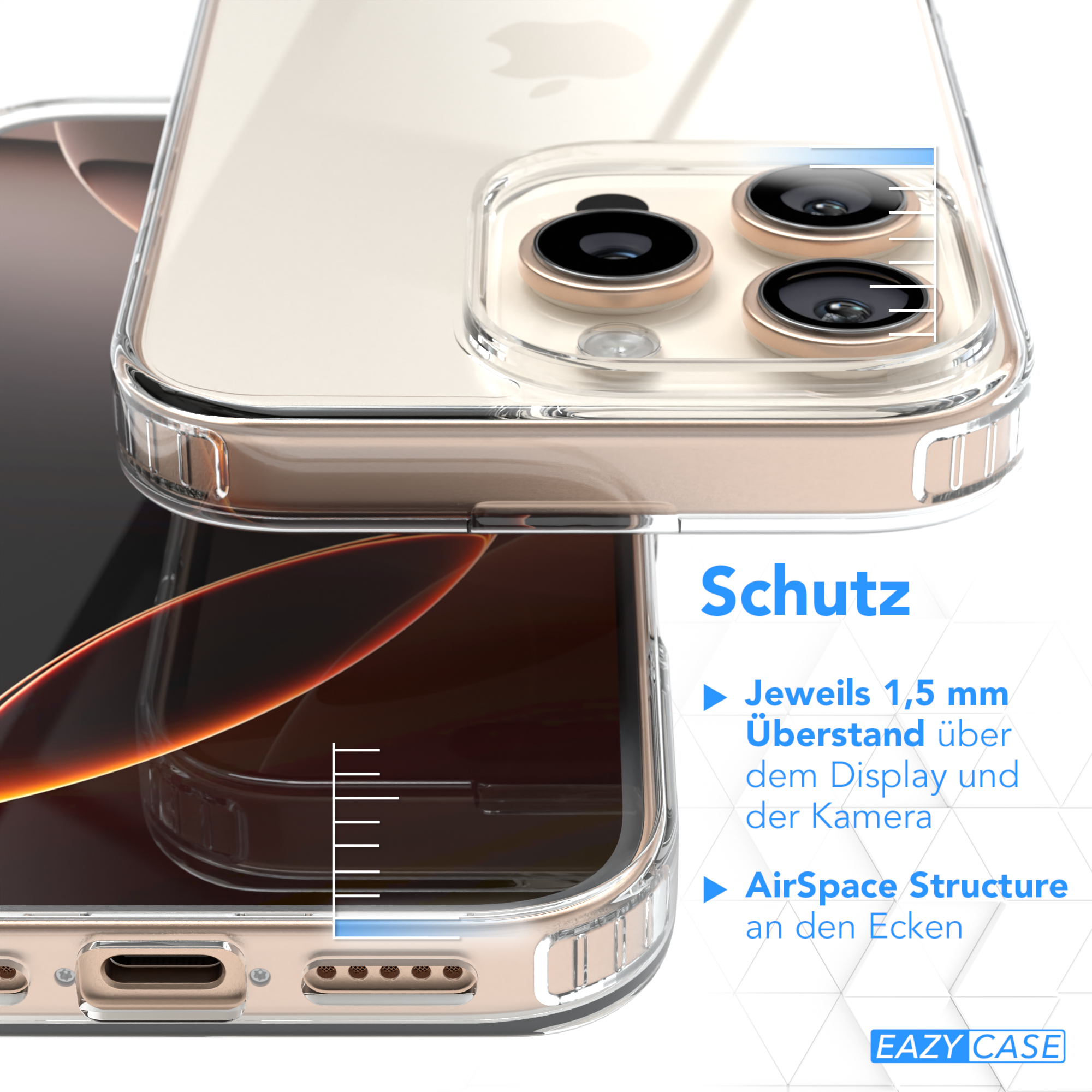 Nahaufnahme einer transparenten Handyhülle, die ein Telefon schützt. Die Hülle hat verstärkte Ecken.
