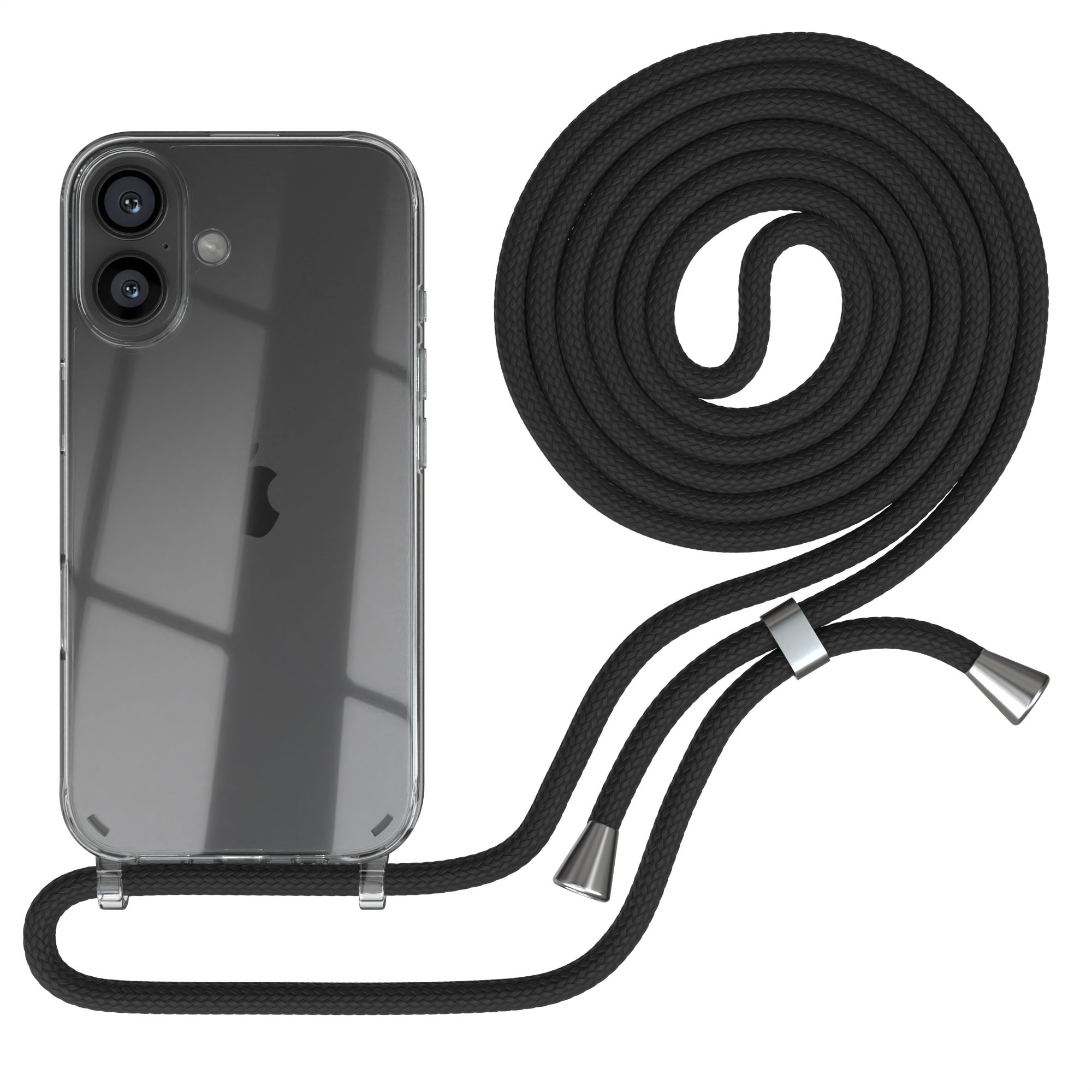 Eine transparente Handyhülle mit einem schwarzen Telefon, befestigt an einem schwarzen Kabel. Das Kabel ist aufgerollt.