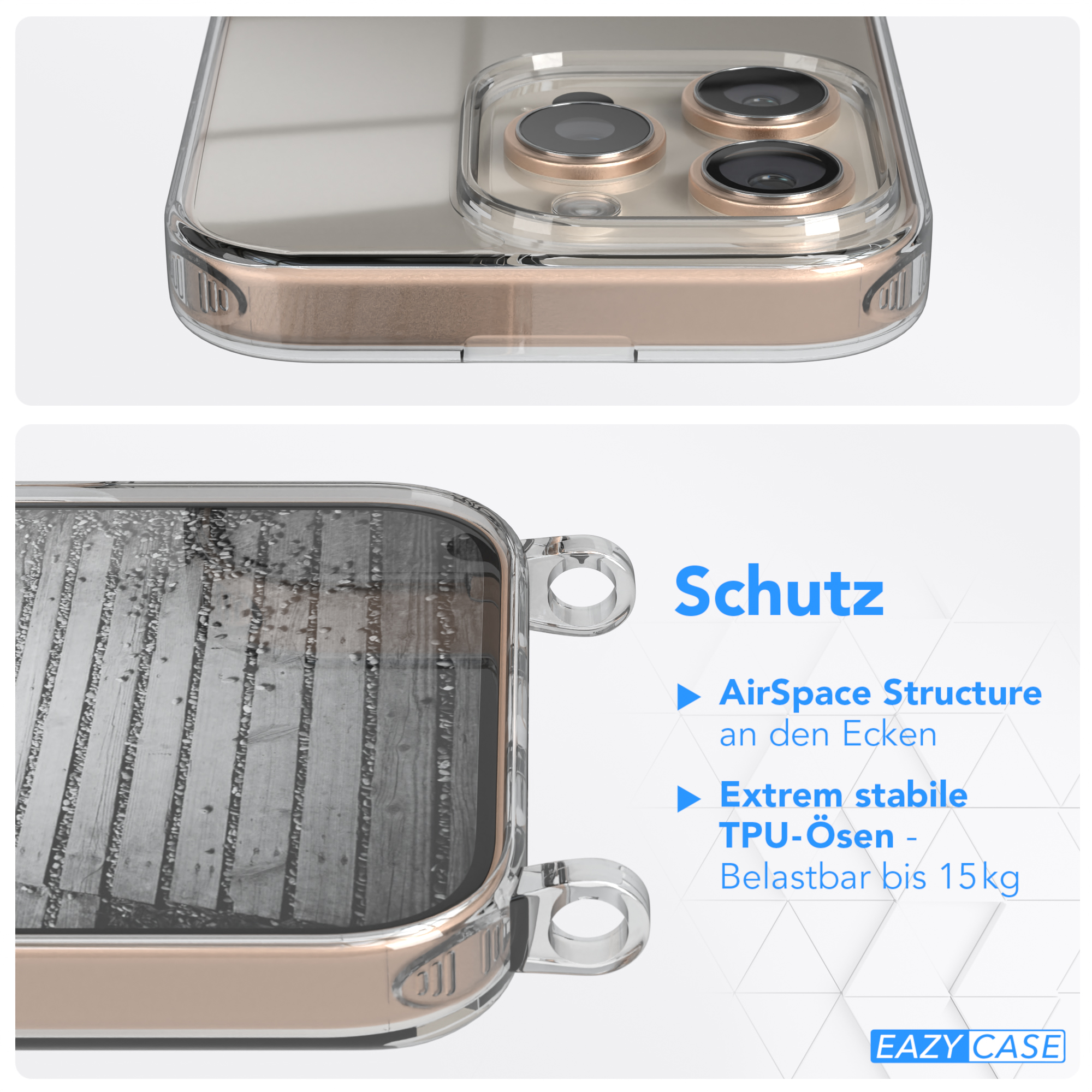 Eine transparente Handyhülle mit klaren Kanten, zeigt die Kamera und Rückseite.