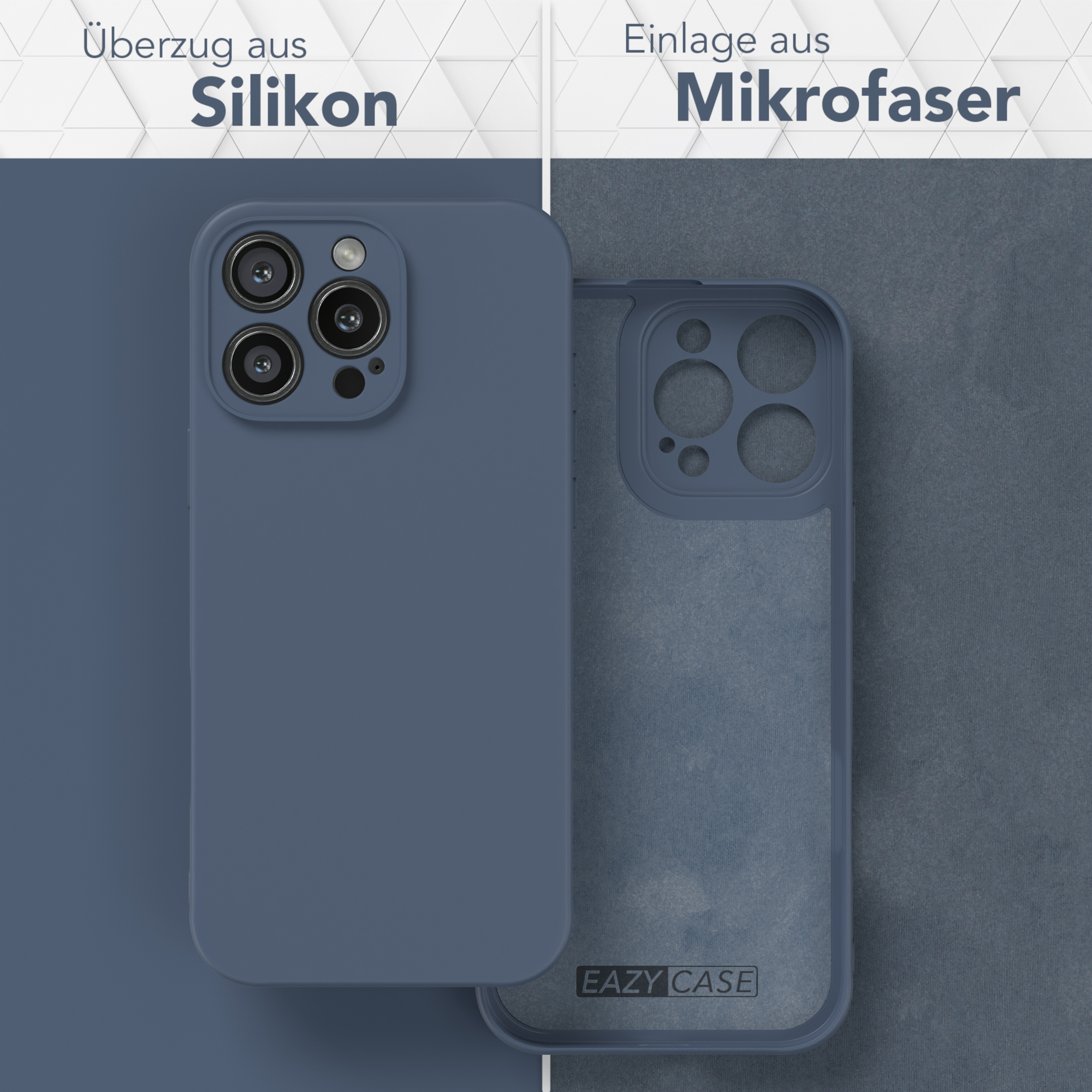 Blaue Handyhülle mit Silikon links und Mikrofaser rechts.