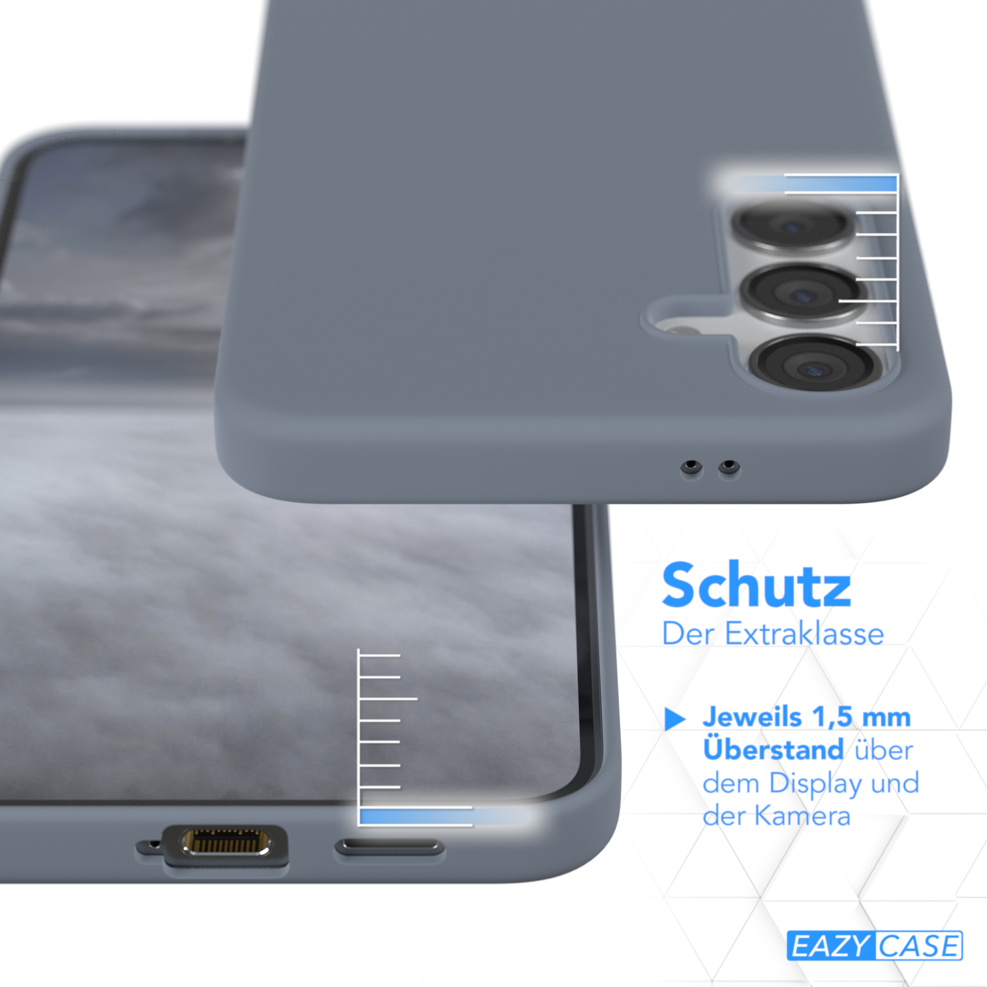 Graue Handyhülle mit Telefon. Die Hülle zeigt den Kamerabereich. Text: 'Schutz'.