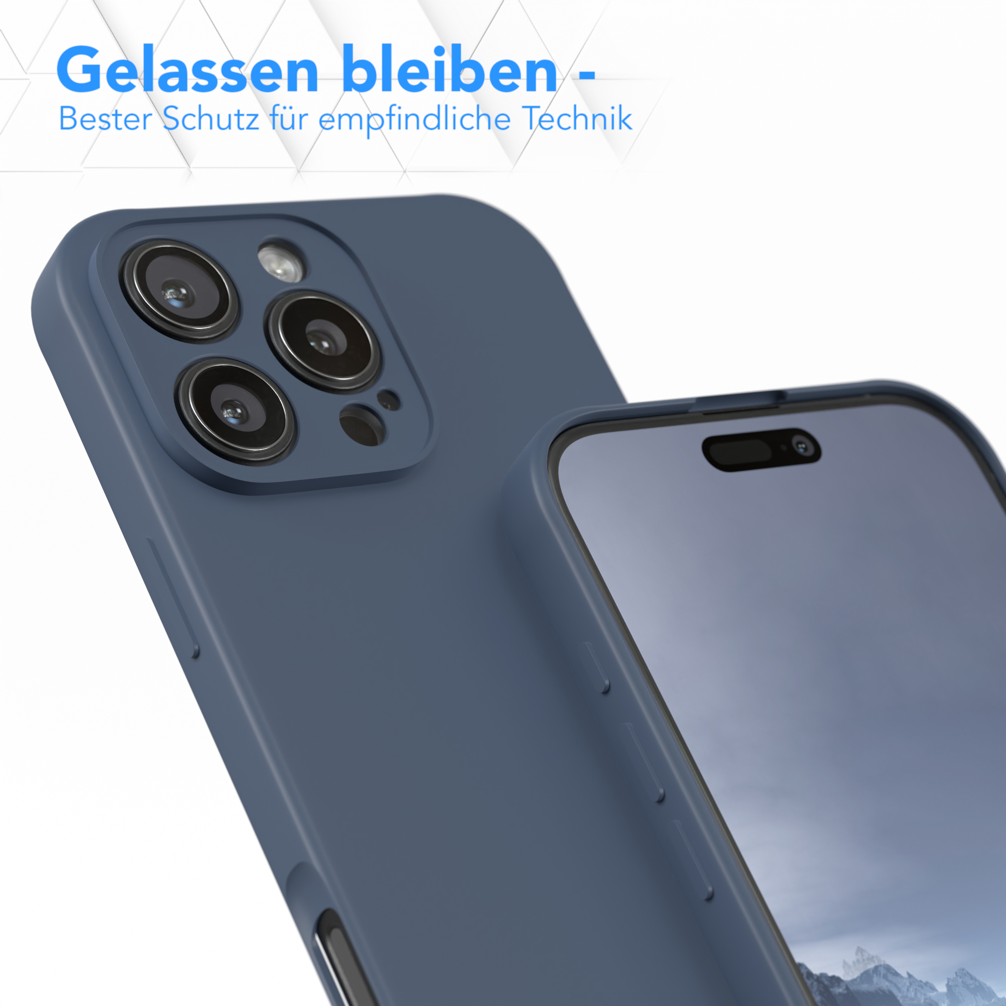Eine blaue Handyhülle und ein Telefon. Das Telefon befindet sich in der Hülle. Der Hintergrund ist weiß.