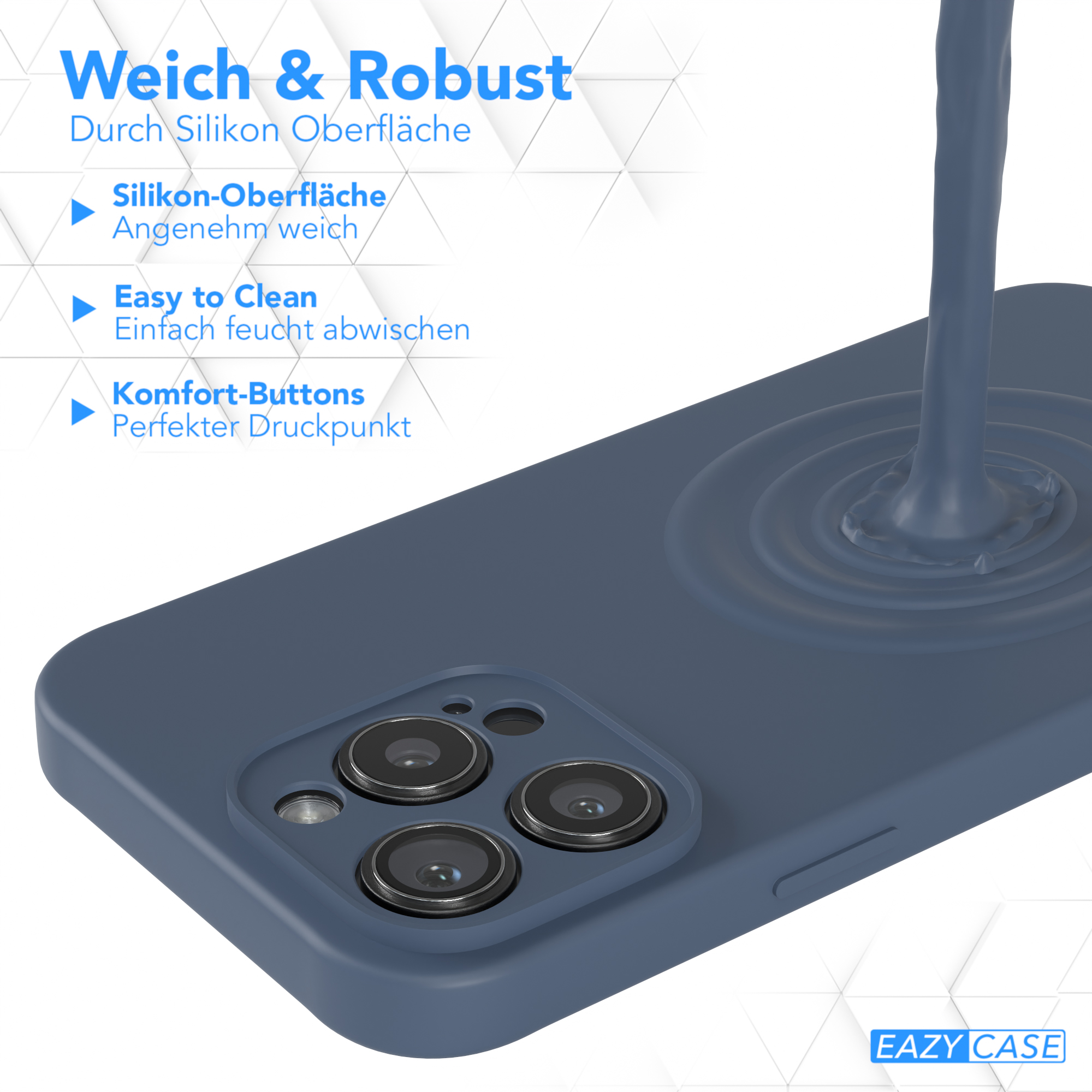 Eine blaue Handyhülle, auf die Flüssigkeit gegossen wird, um ihre Silikonoberfläche zu zeigen.