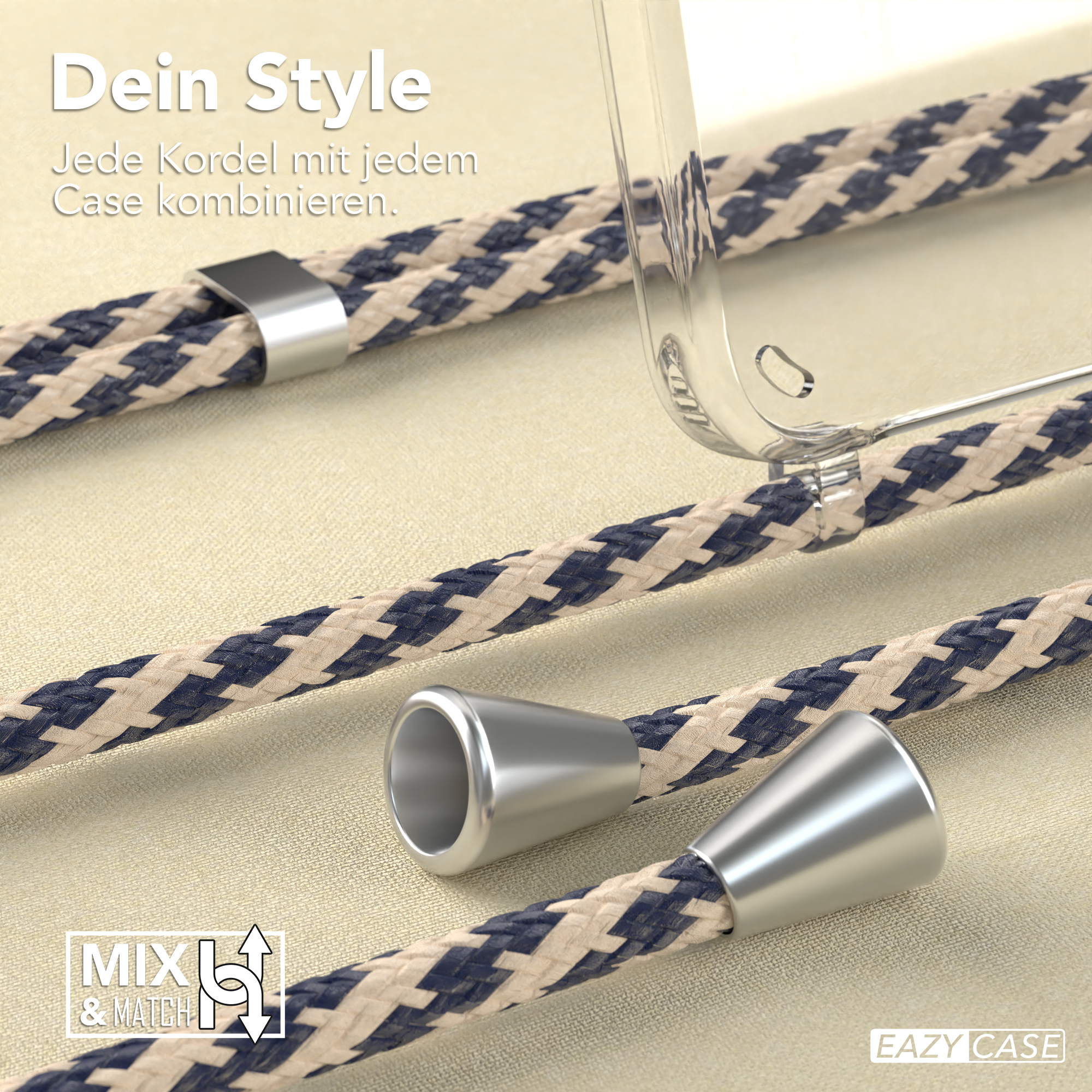 Nahaufnahme einer Handyhülle mit geflochtener Kordel in Beige und Marineblau, mit Metallteilen.