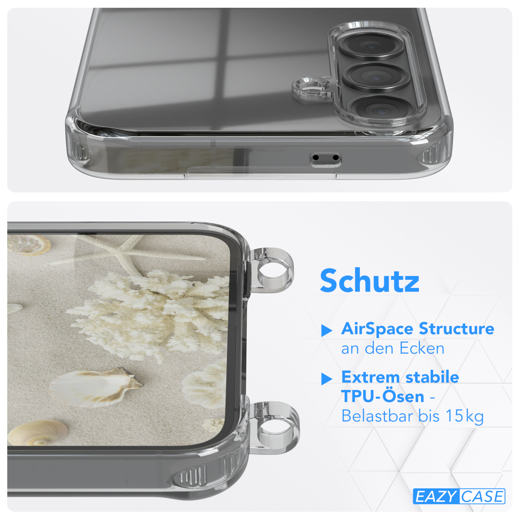 Eine transparente Handyhülle mit einer Strandszene und Text zum Schutz.