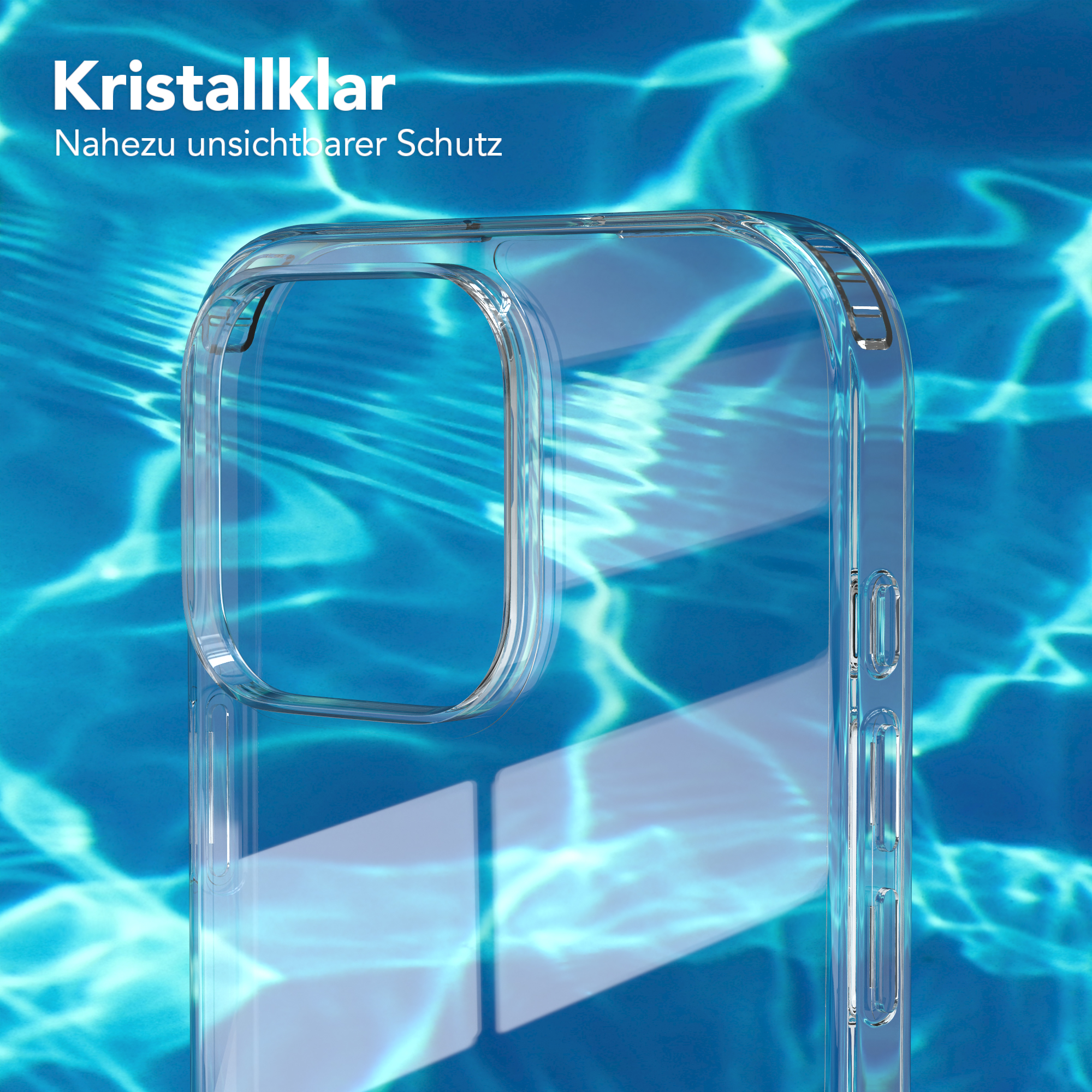 Eine transparente Handyhülle, teilweise in blauem Wasser versunken. Die transparente Hülle ist sichtbar.