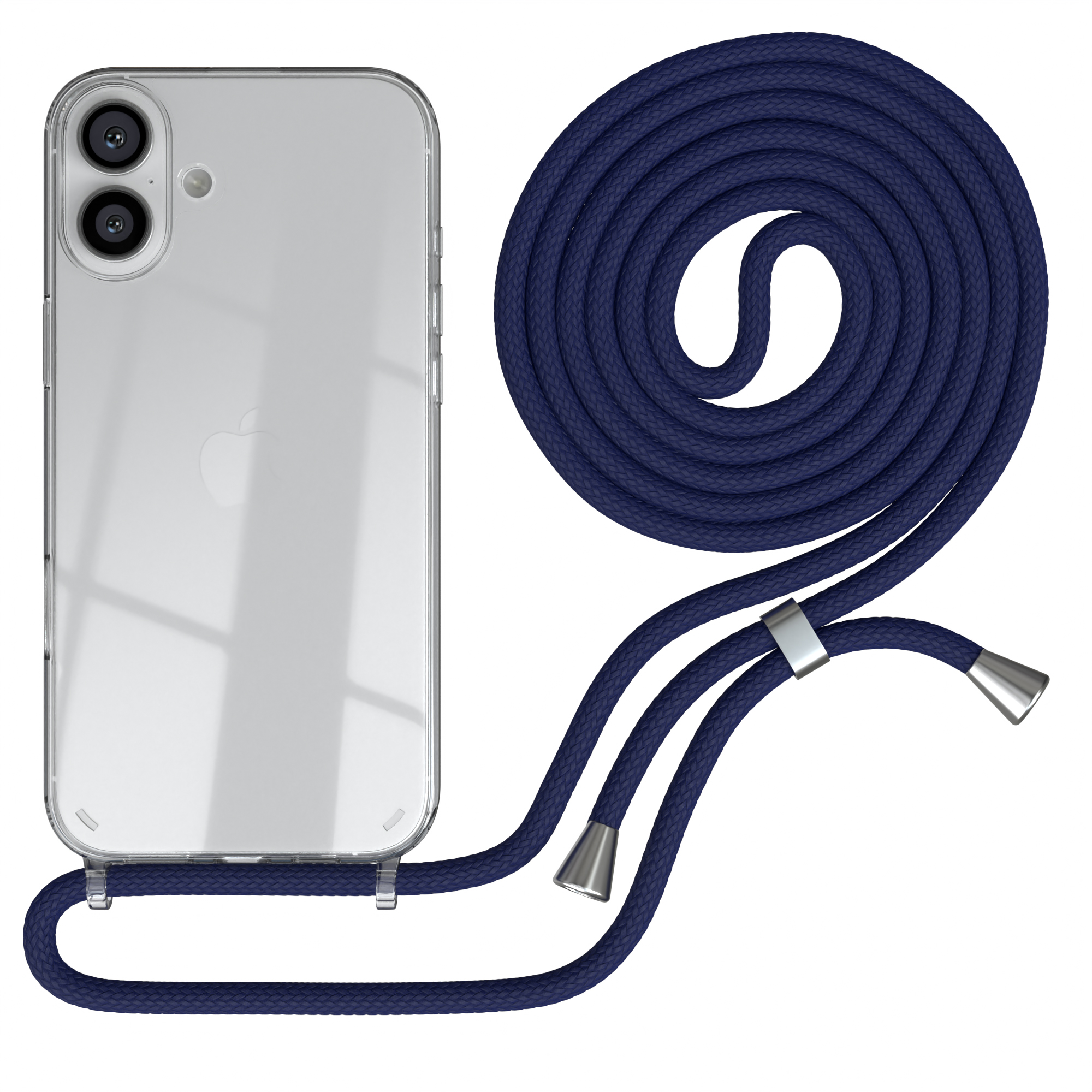 Eine transparente Handyhülle mit einer marineblauen Kordel, die an einem Telefon befestigt ist.